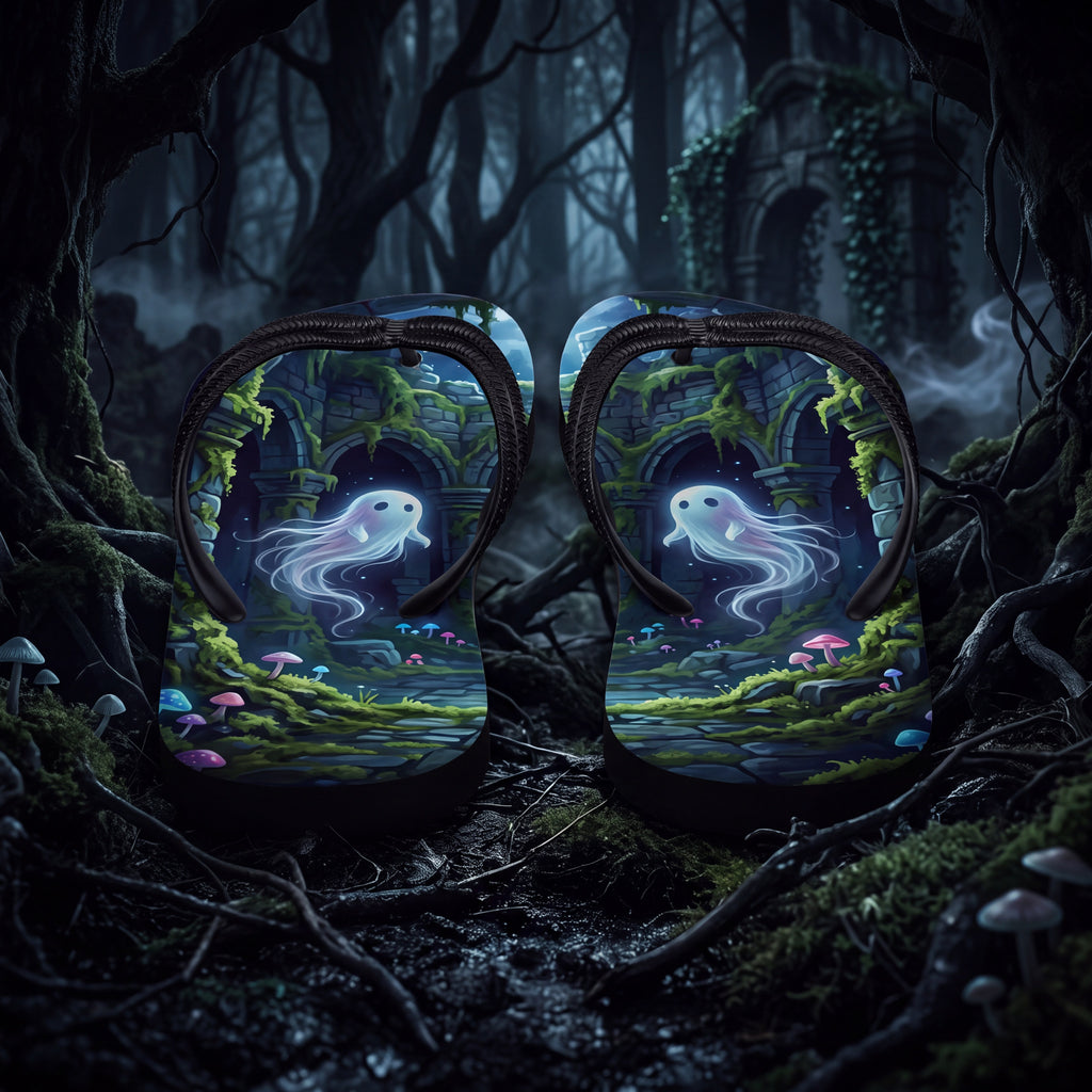 Ghost in Mossy Ruins Flip Flops | Haunted Forest Mushroom Sandals