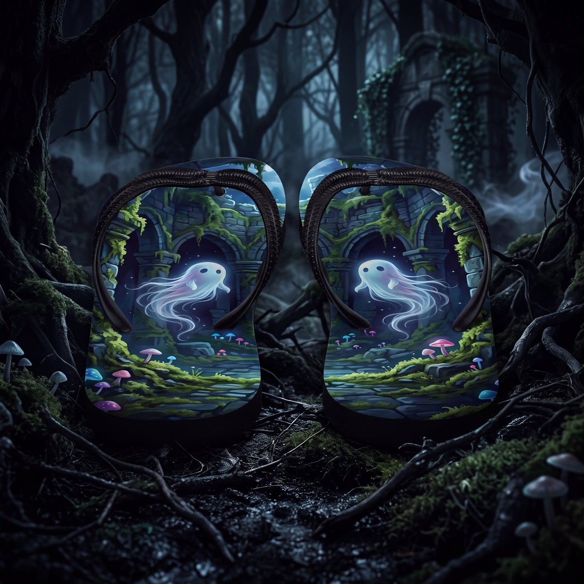 Ghost in Mossy Ruins Flip Flops | Haunted Forest Mushroom Sandals