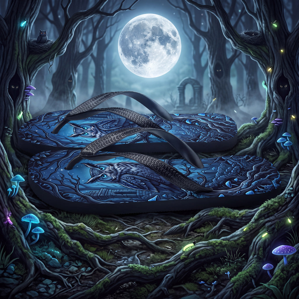 Owl Flip Flops, Moonlit Forest Gothic Fantasy Sandals