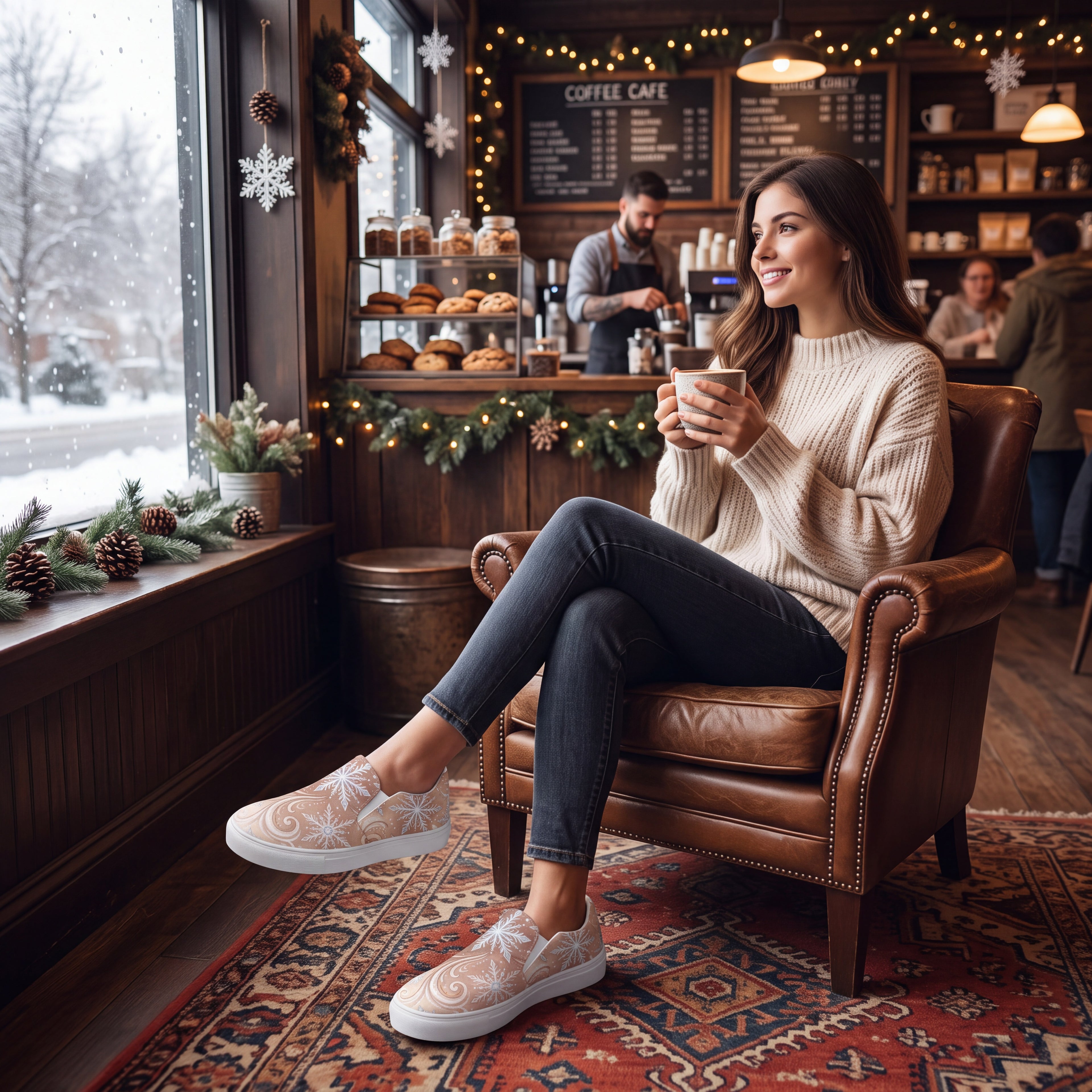 Women’s Frosted Mocha Snowflake Slip-On Shoes | Winter Canvas Sneakers