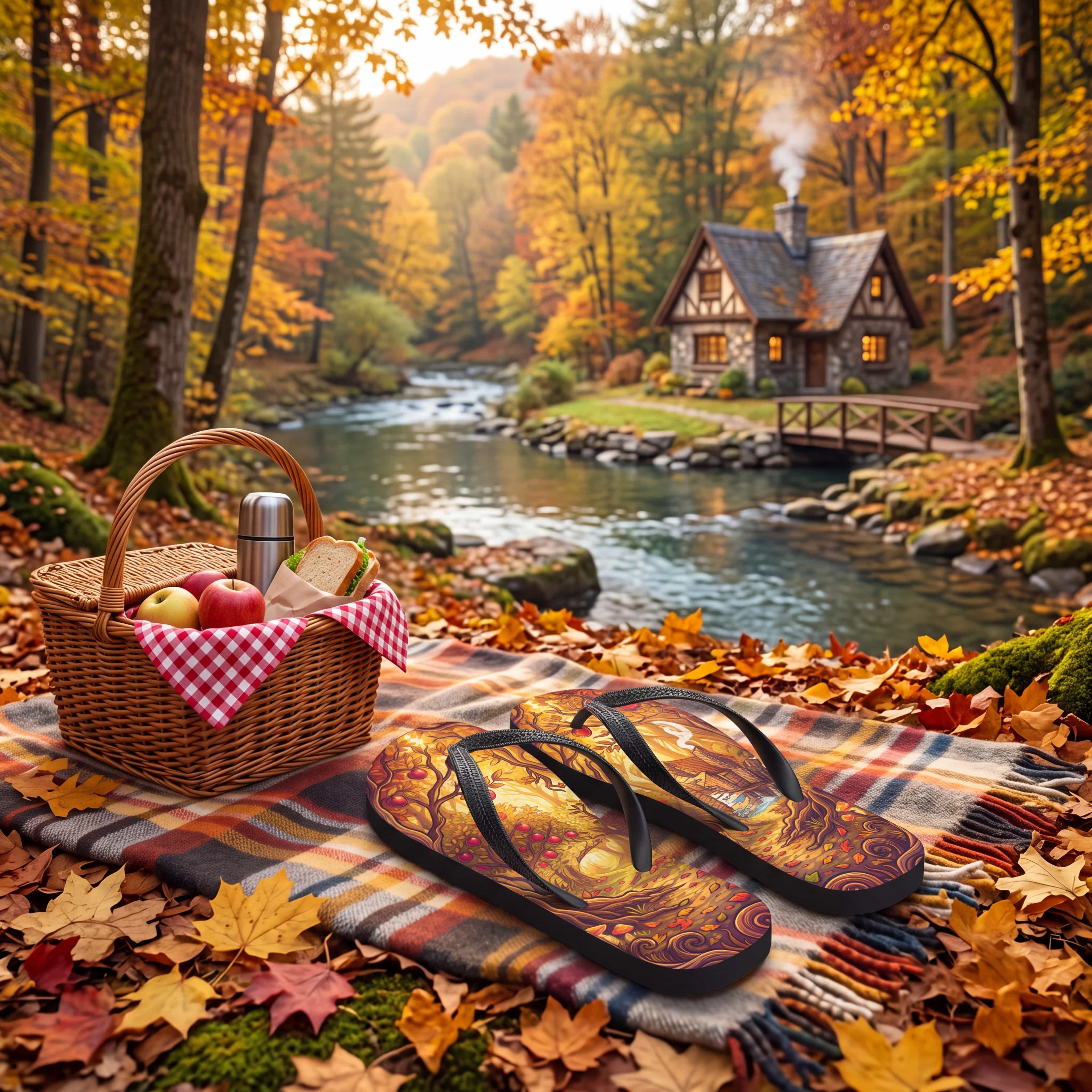 SUBLIMATION Fall Apple Orchard Flip Flops | Cozy Autumn Cider Mill Cottagecore Sandals