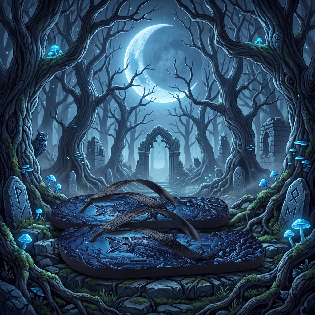 Owl Flip Flops, Moonlit Forest Gothic Fantasy Sandals