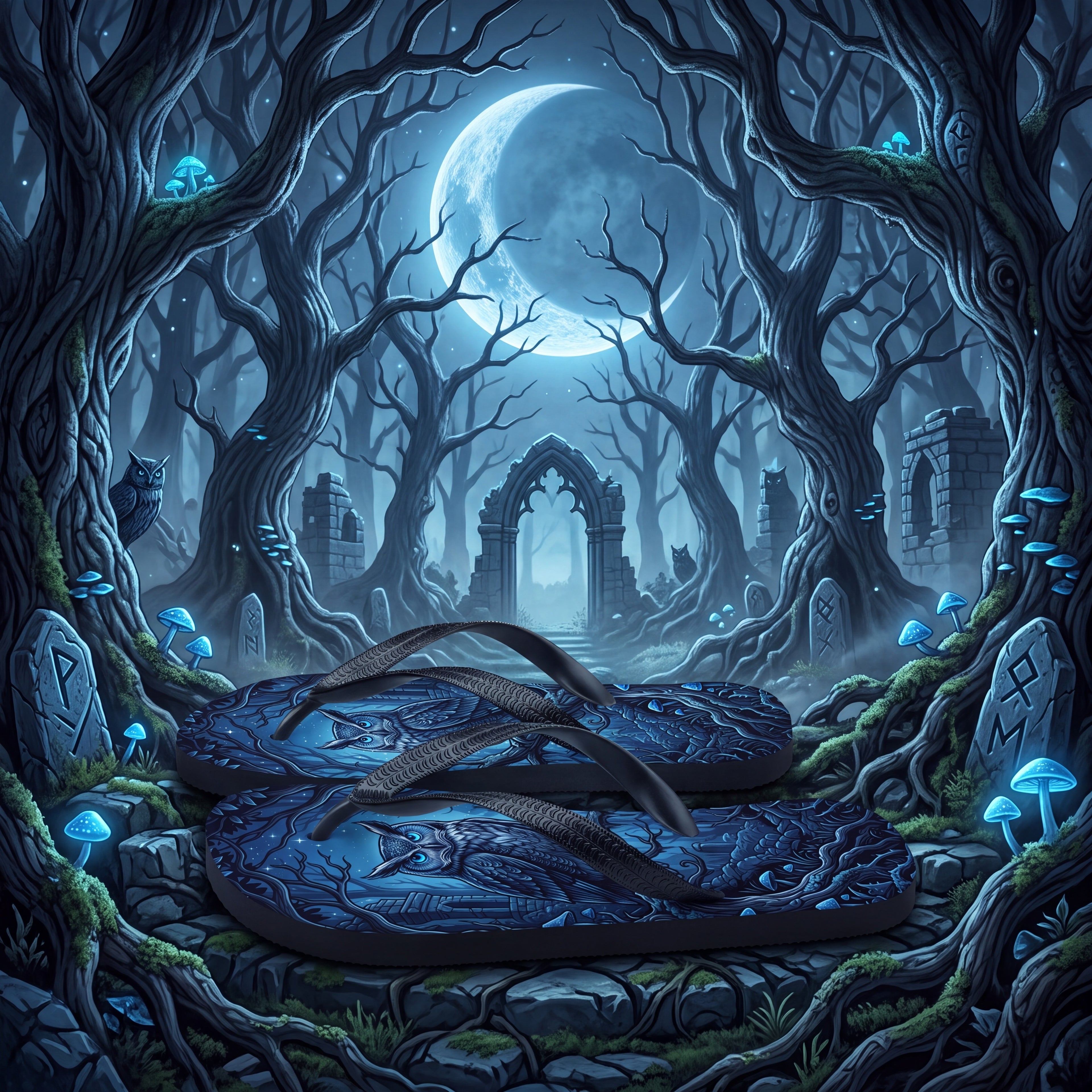 Owl Flip Flops, Moonlit Forest Gothic Fantasy Sandals