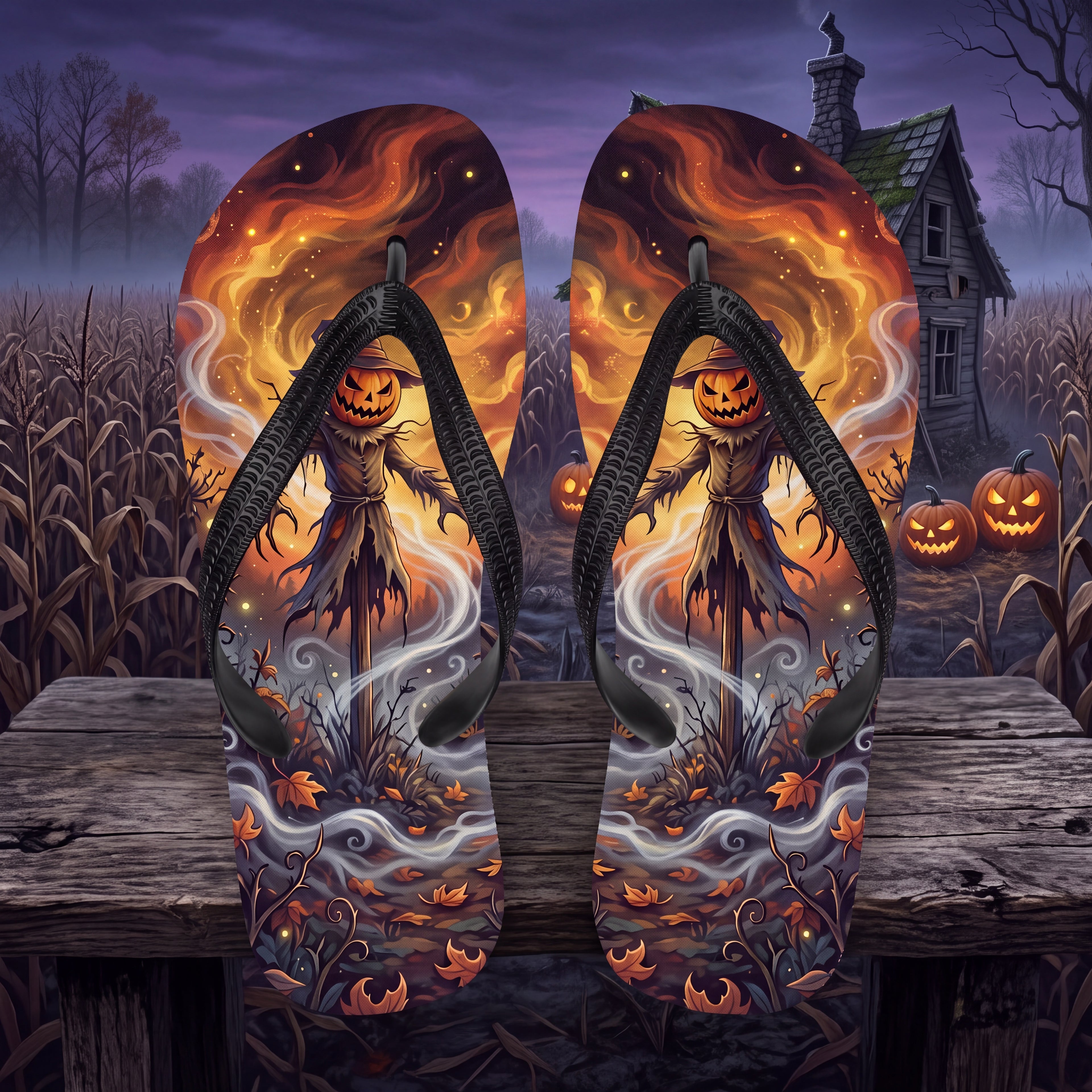 Halloween Scarecrow Flip Flops | Jack-O’-Lantern Haunted Harvest Sandals
