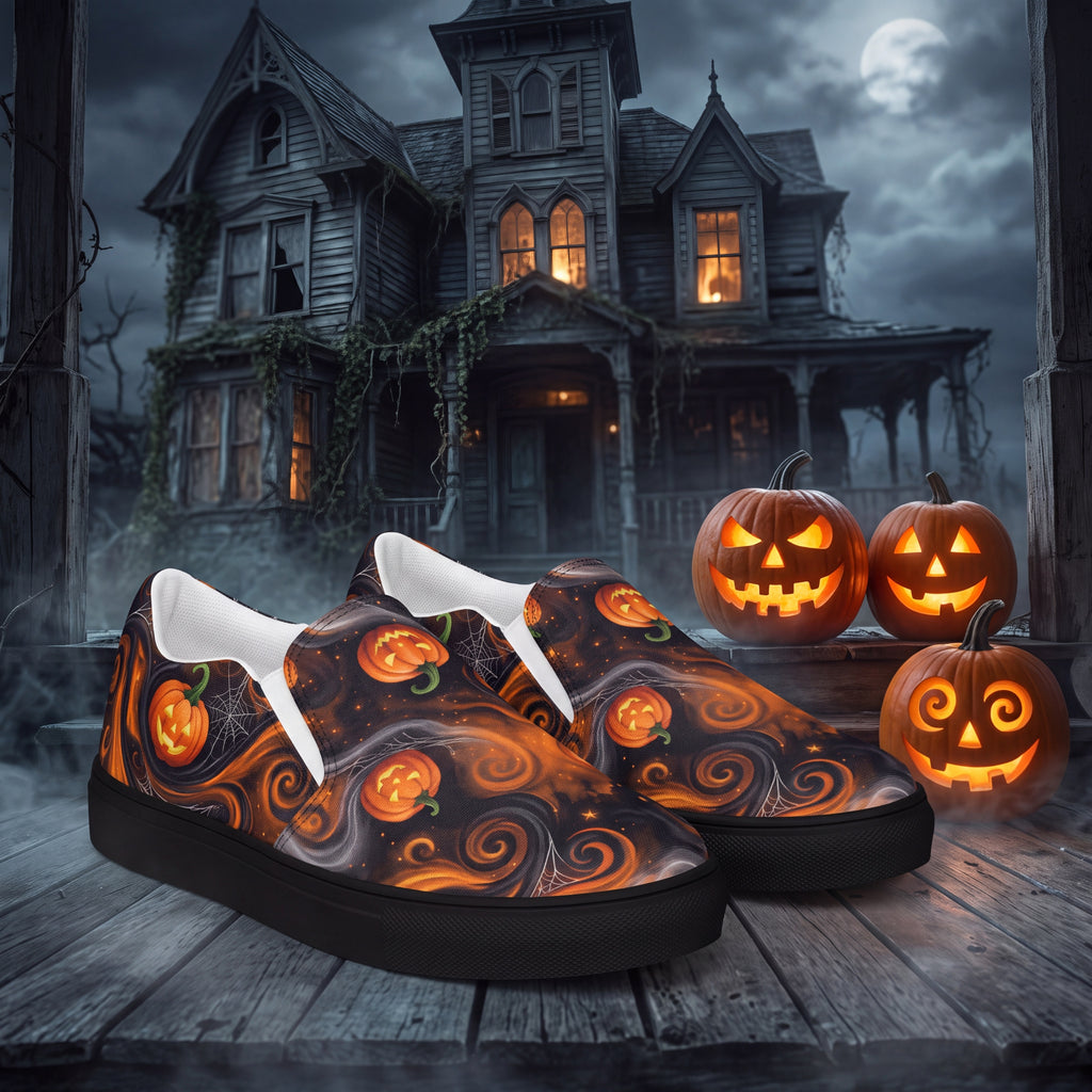 Men’s Halloween Pumpkin Slip-On Shoes | Black and Orange Jack-O’-Lantern Canvas Sneakers
