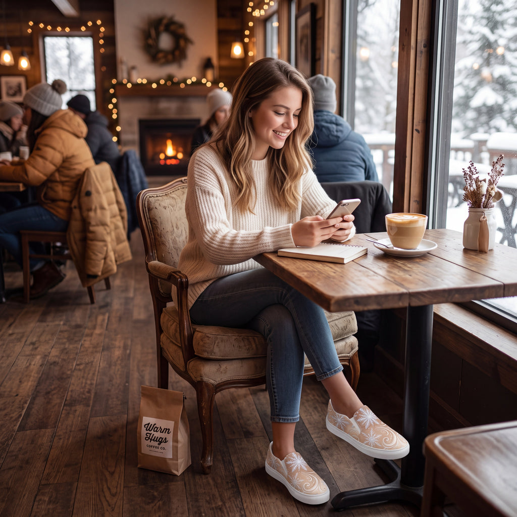 Women’s Frosted Mocha Snowflake Slip-On Shoes | Winter Canvas Sneakers