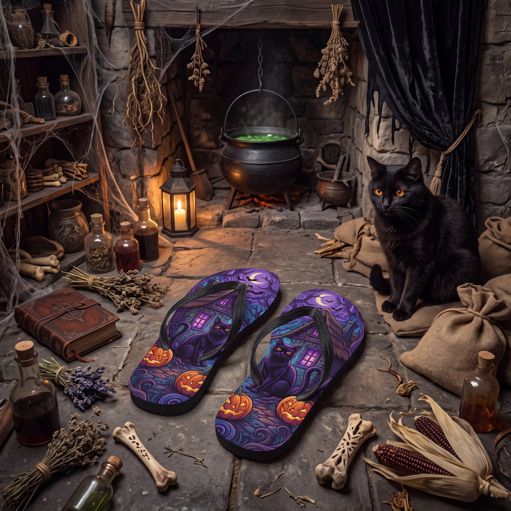 Black Cat Halloween Flip Flops | Purple Haunted Cottage Pumpkin Sandals