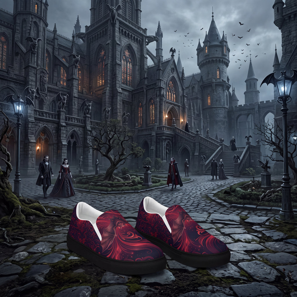Vampire Bat Slip-On Shoes | Gothic Black and Crimson Canvas Sneakers