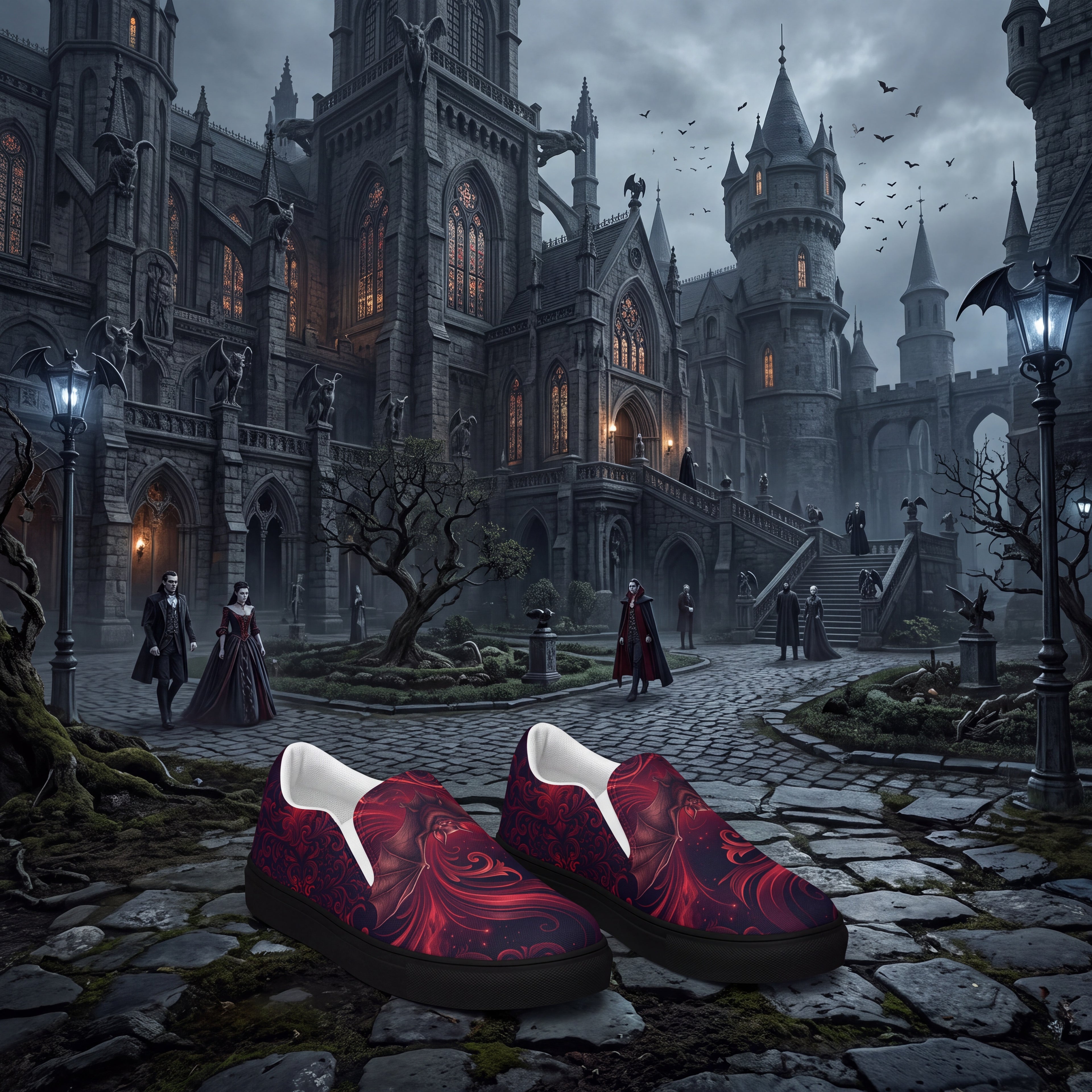 Vampire Bat Slip-On Shoes | Gothic Black and Crimson Canvas Sneakers