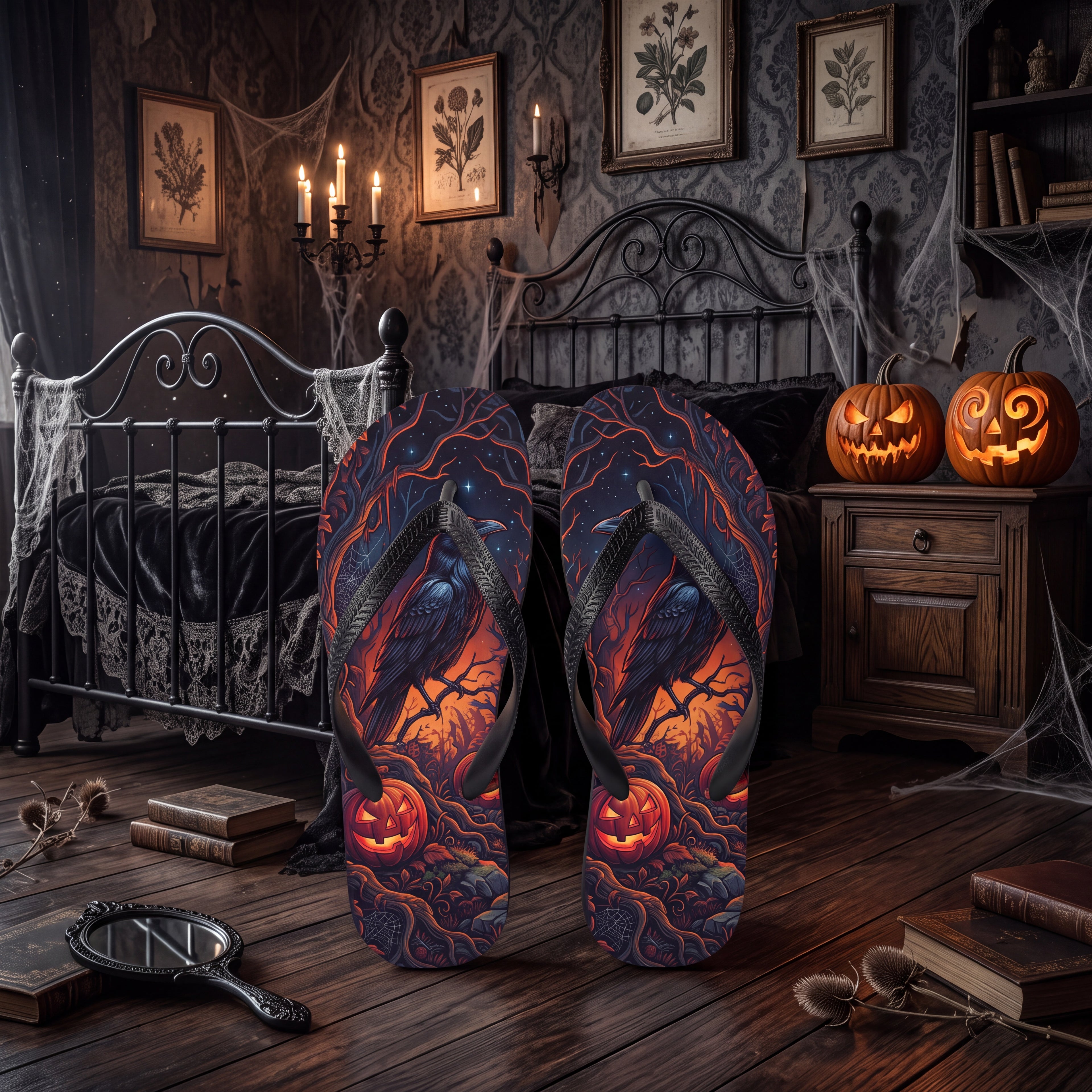 Raven Flip Flops | Gothic Halloween Jack-O’-Lantern Sandals