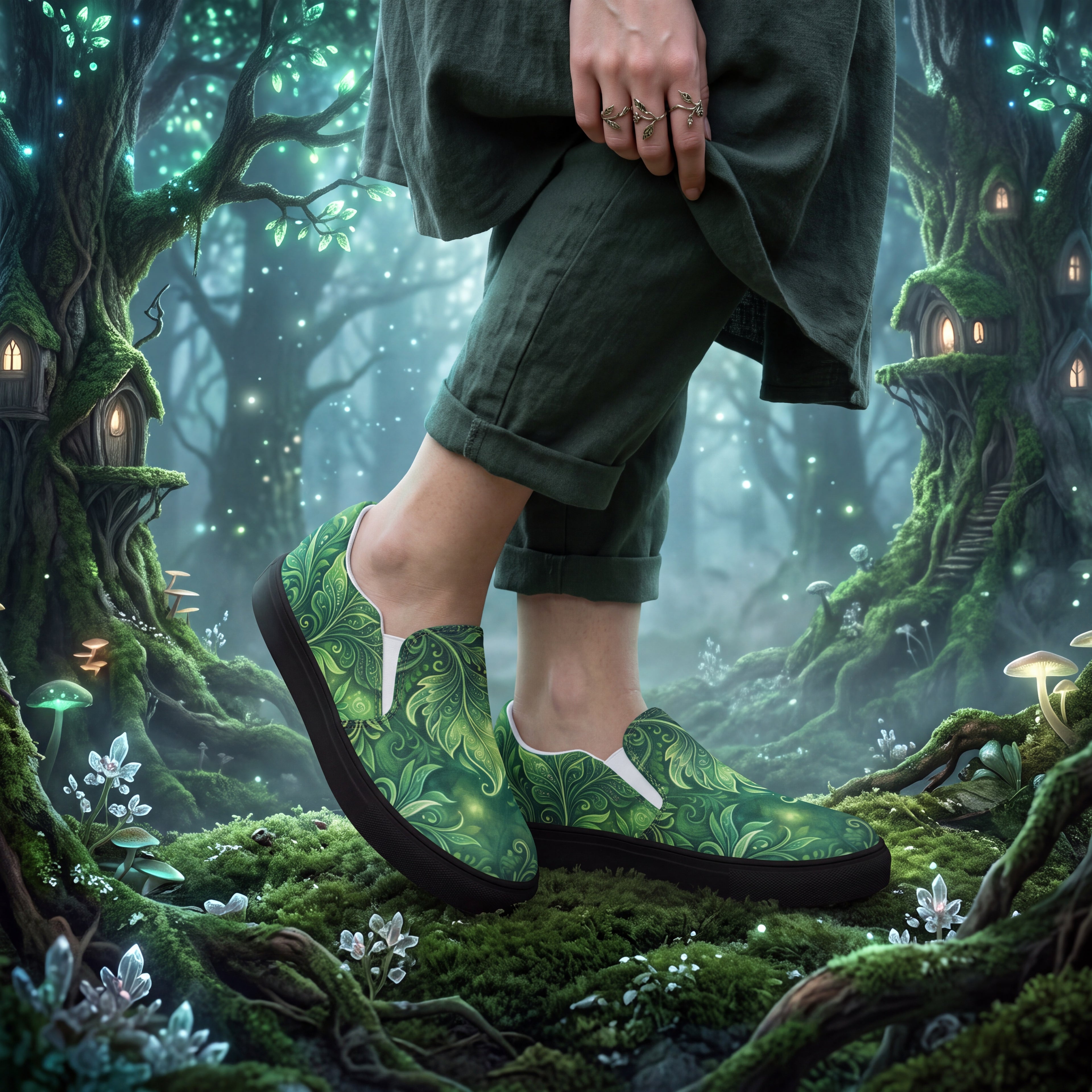 Forest Elf Slip-On Shoes | Green Fantasy Canvas Sneakers
