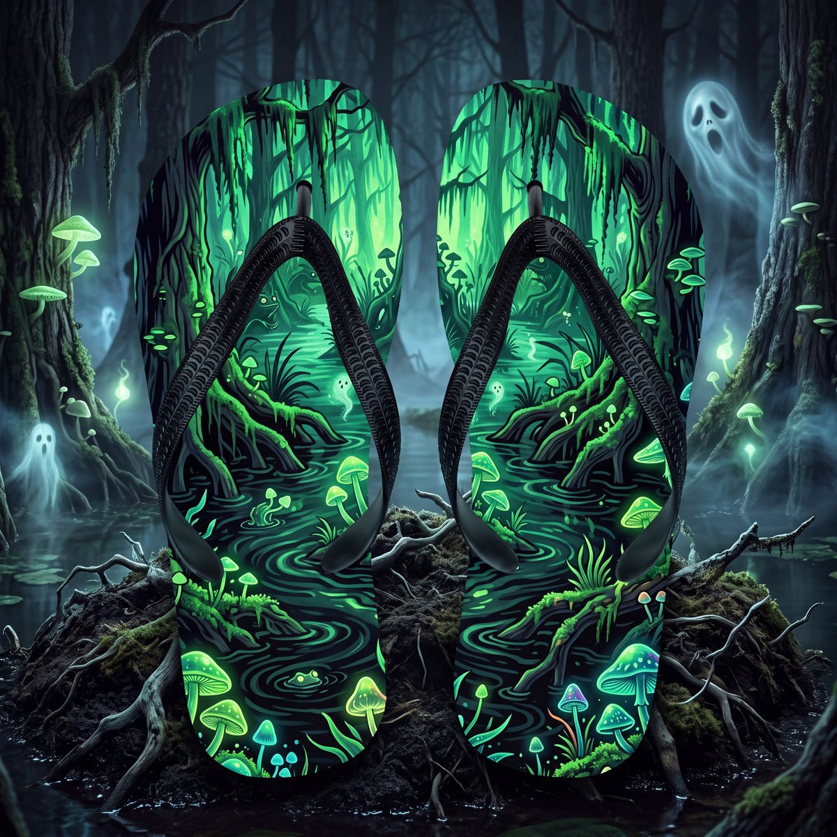Haunted Swamp Flip Flops | Glowing Mushroom Dark Fantasy Sandals
