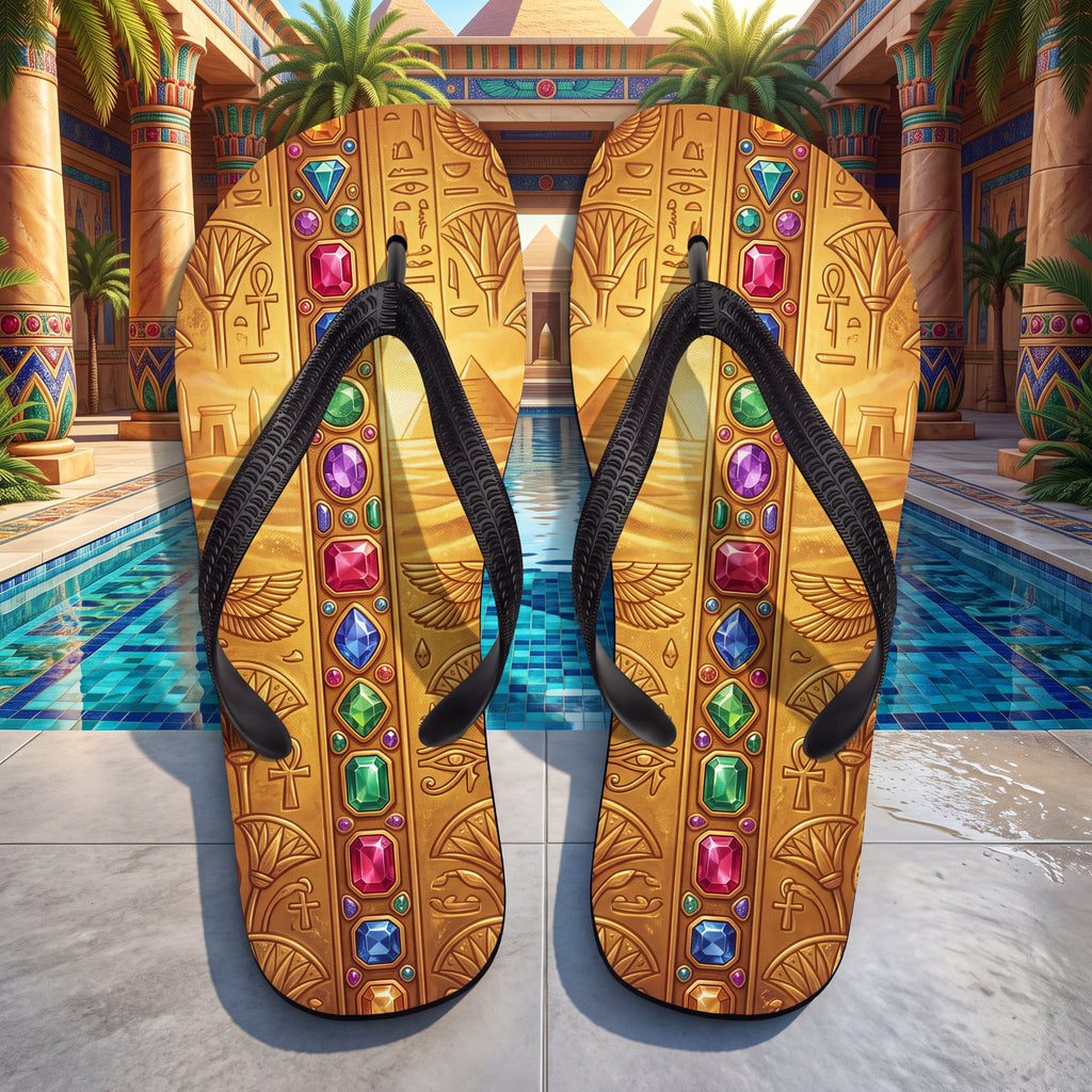 Ancient Egyptian Royalty Flip Flops | Gold Hieroglyph & Gem Sandals