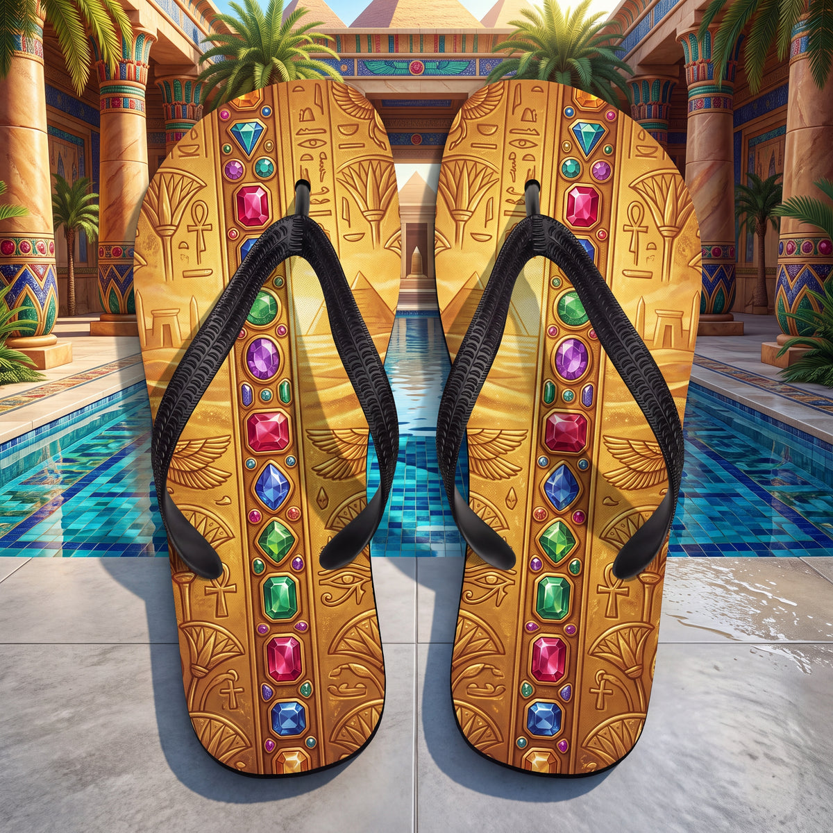 Ancient Egyptian Royalty Flip Flops | Gold Hieroglyph & Gem Sandals
