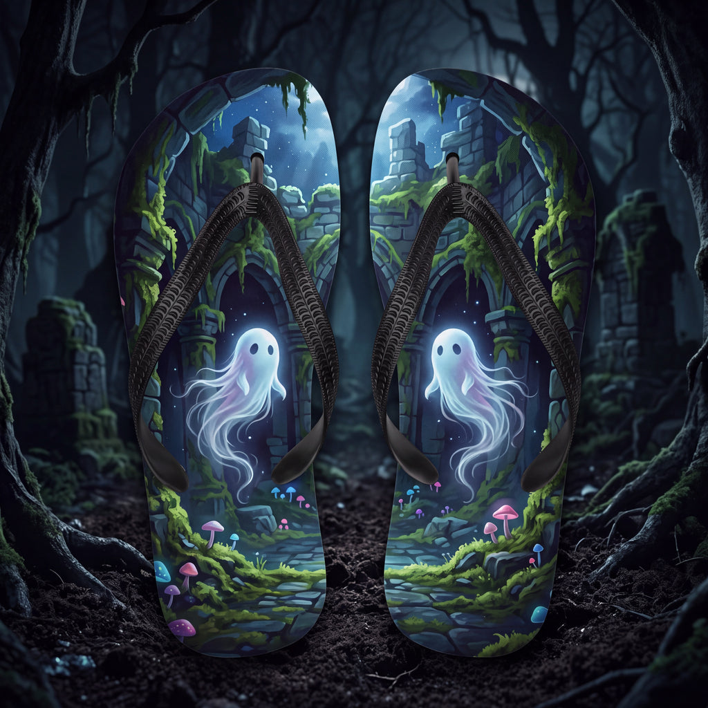 Ghost in Mossy Ruins Flip Flops | Haunted Forest Mushroom Sandals