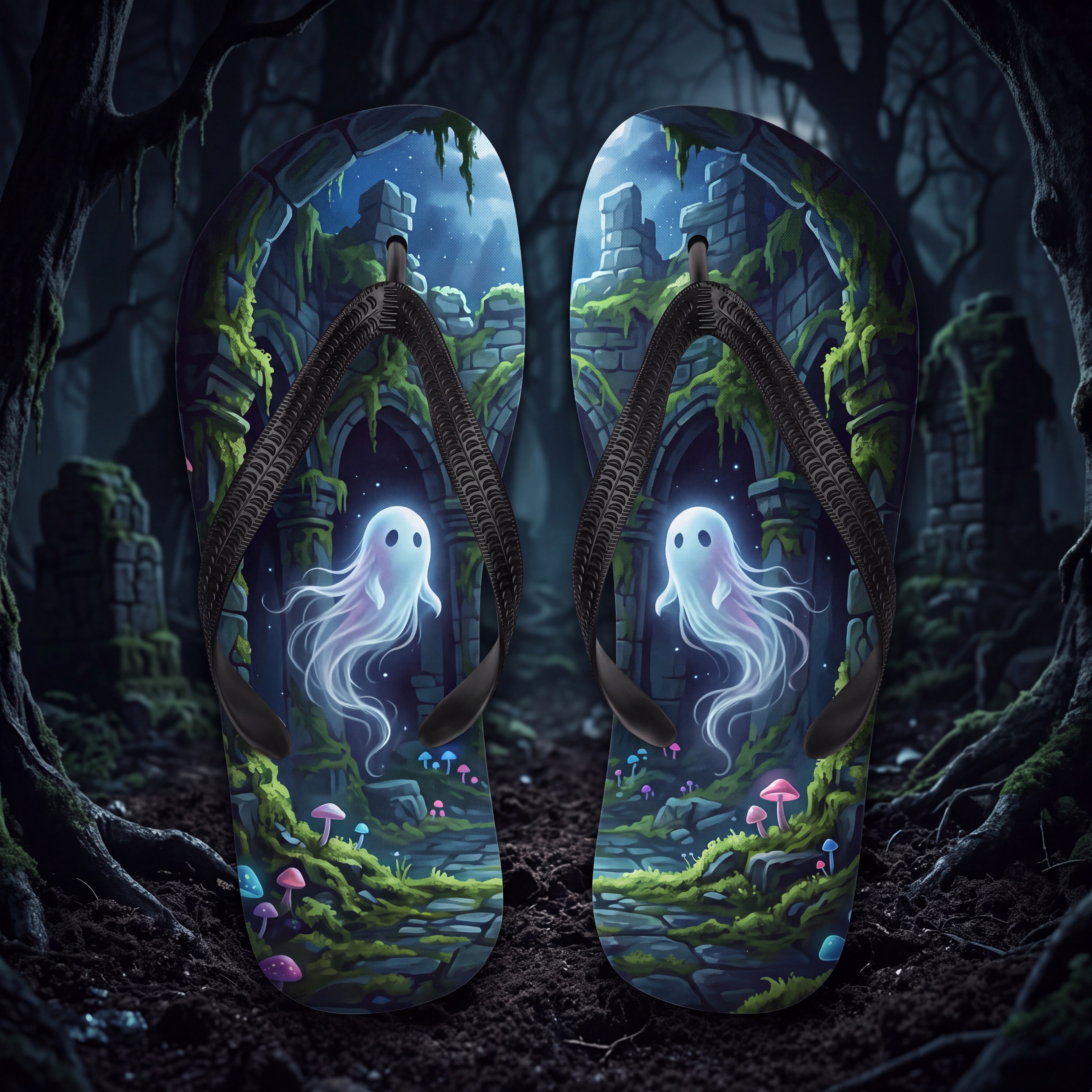 Ghost in Mossy Ruins Flip Flops | Haunted Forest Mushroom Sandals