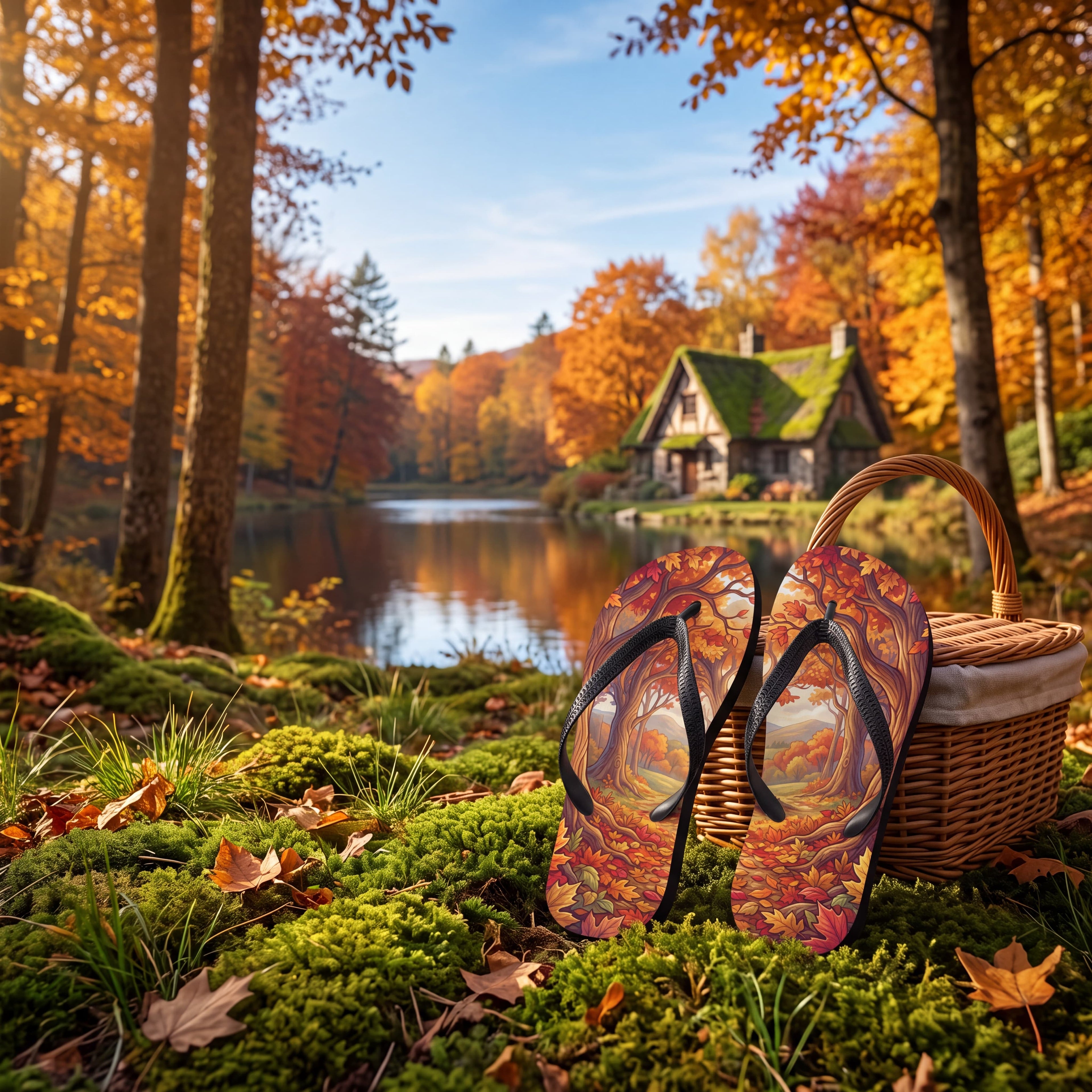 SUBLIMATION Autumn Forest Flip Flops, Fall Foliage Woodland Sandals