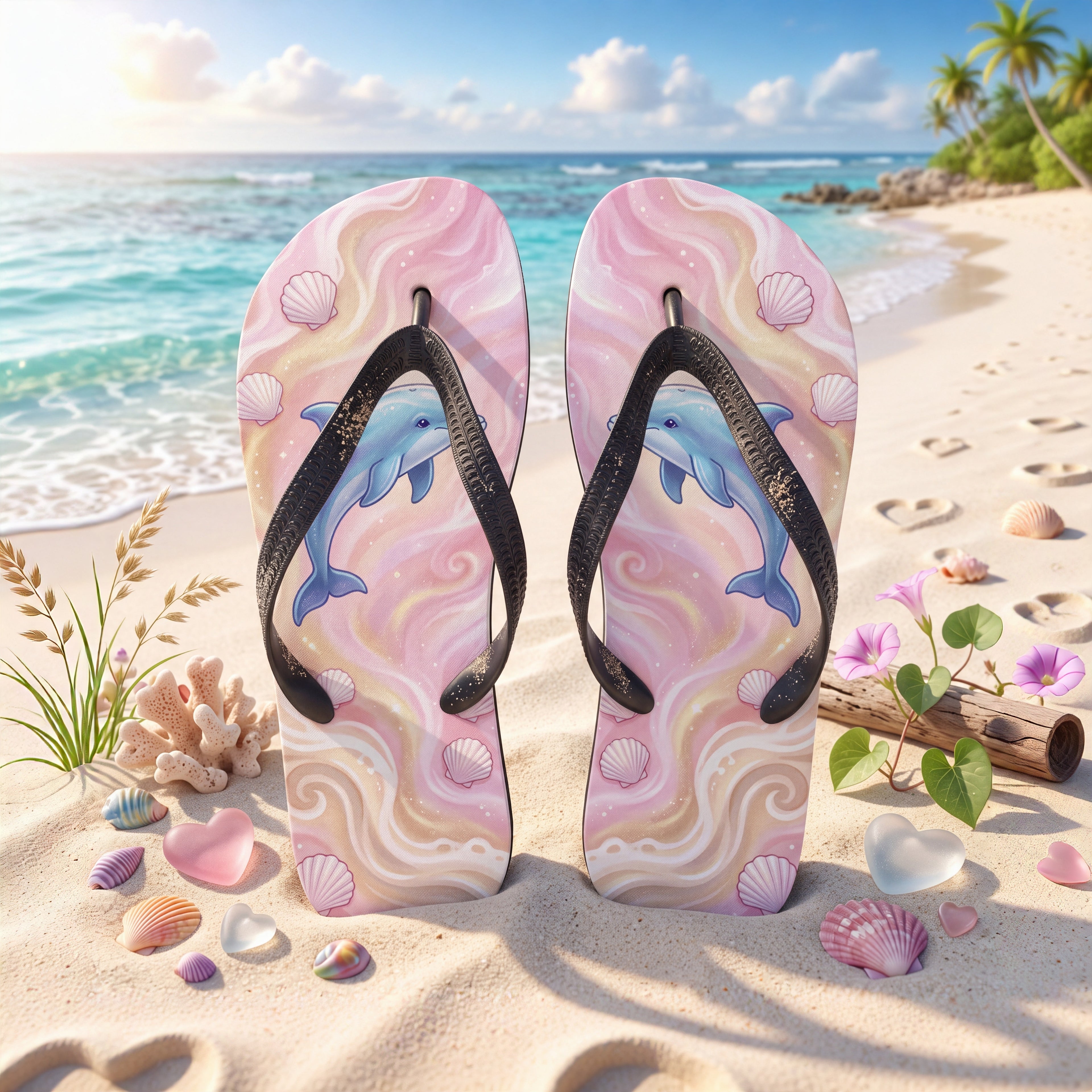 Aphrodite Flip Flops | Dolphin & Pink Seashell Greek Goddess Sandals