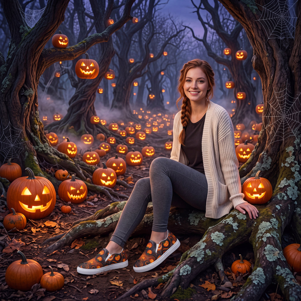 Women's Halloween Pumpkin Slip-On Shoes | Black and Orange Jack-O’-Lantern Canvas Sneakers