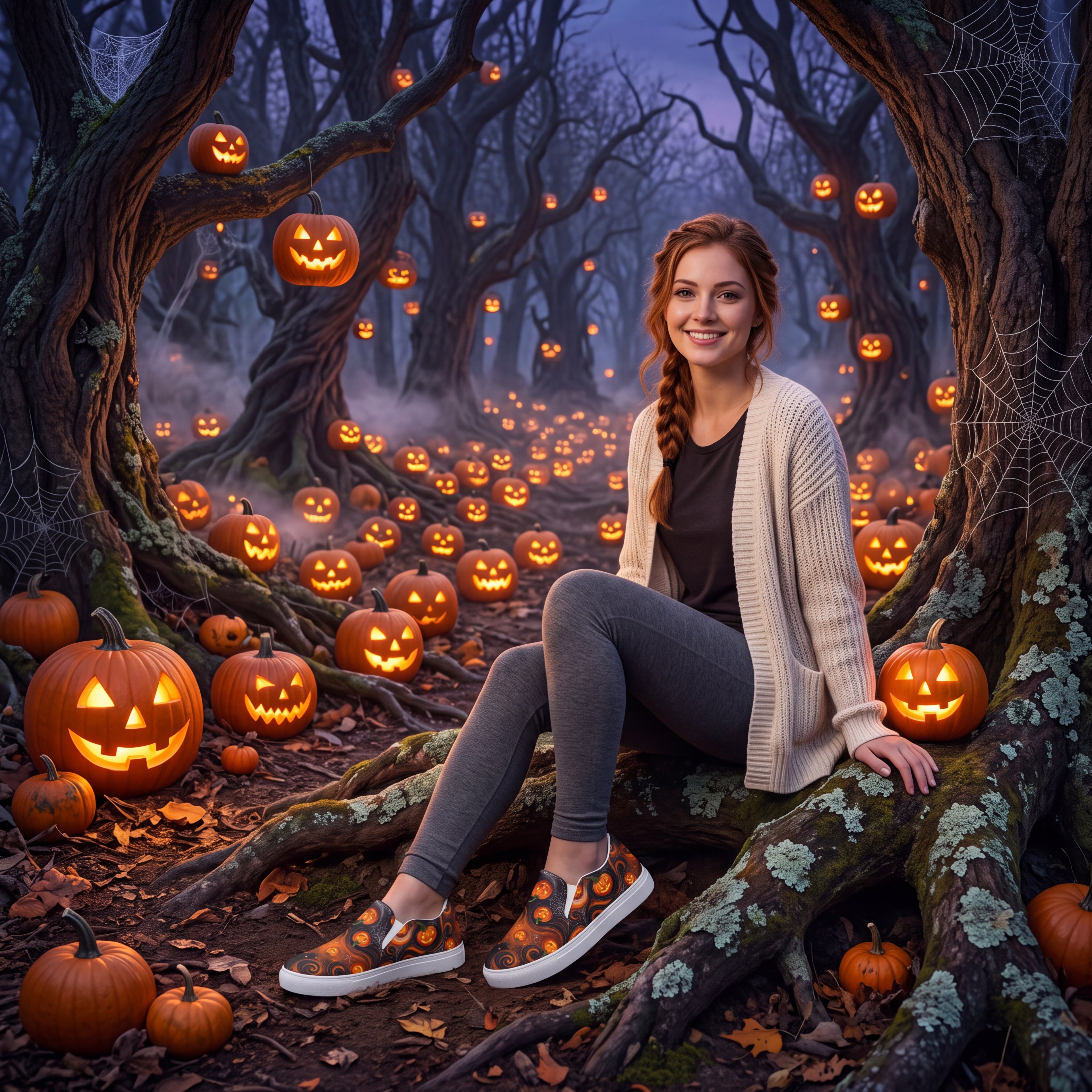 Women's Halloween Pumpkin Slip-On Shoes | Black and Orange Jack-O’-Lantern Canvas Sneakers