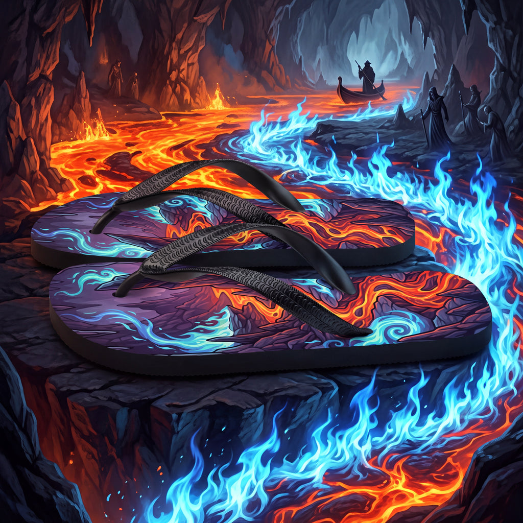 Hades Greek Mythology Flip Flops | Underworld Blue Flame Lava Sandals