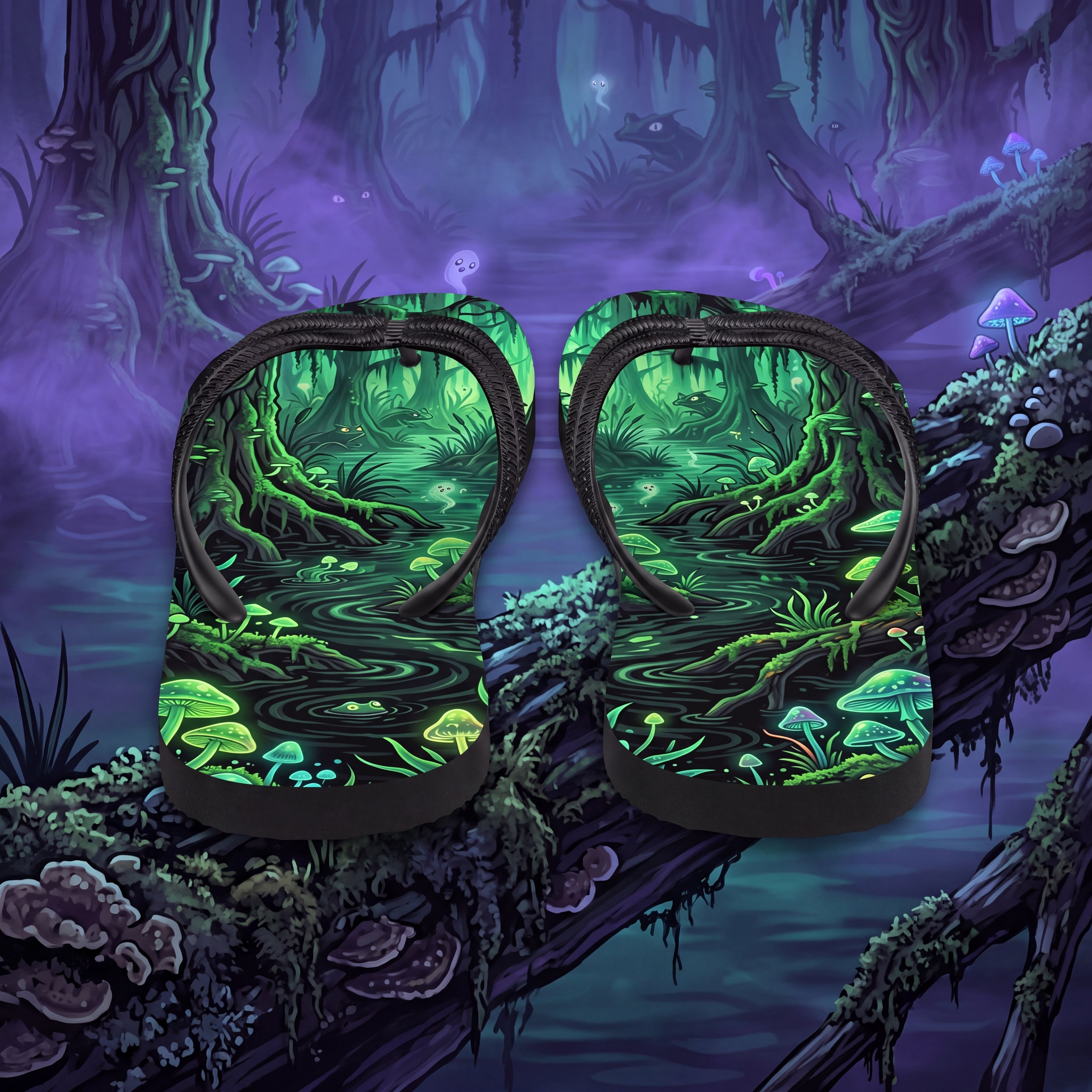 Haunted Swamp Flip Flops | Glowing Mushroom Dark Fantasy Sandals