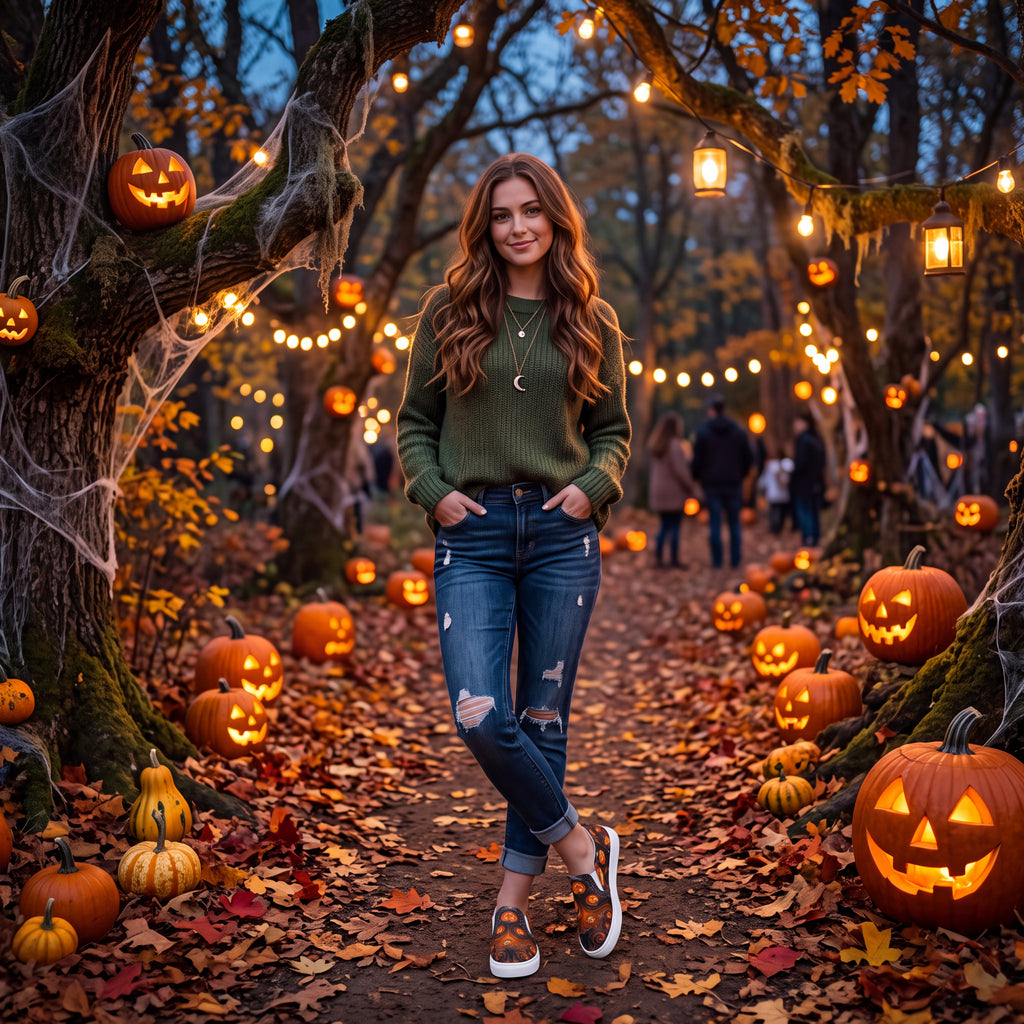Women's Halloween Pumpkin Slip-On Shoes | Black and Orange Jack-O’-Lantern Canvas Sneakers