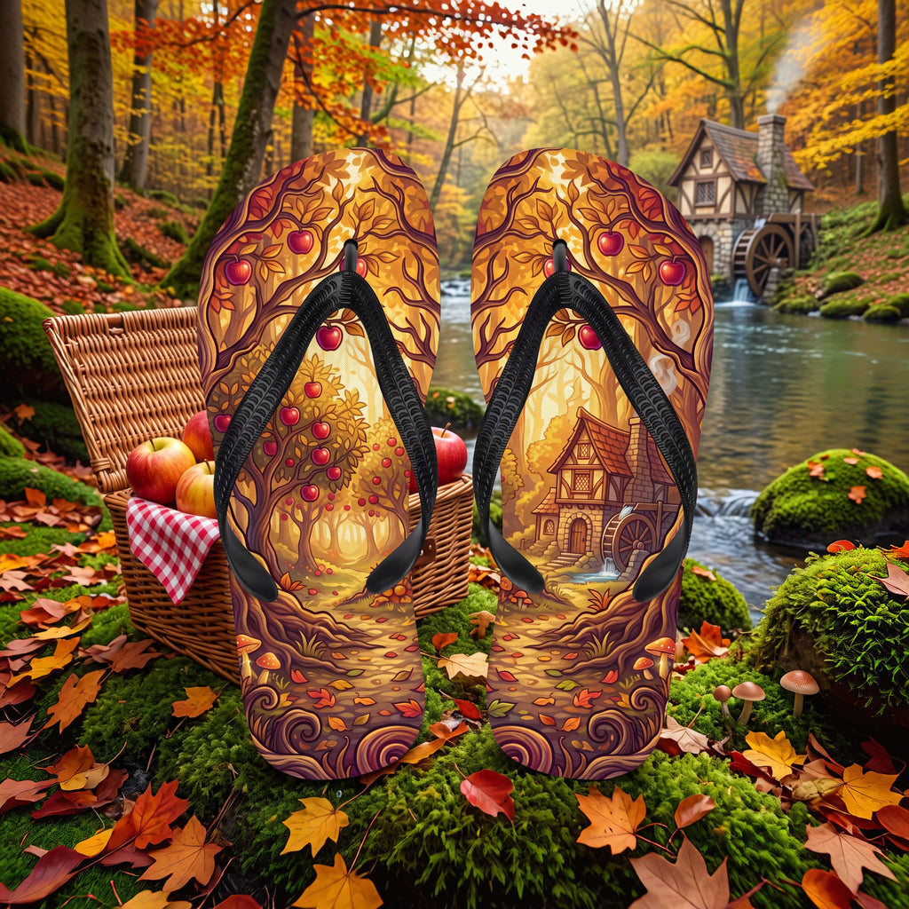 SUBLIMATION Fall Apple Orchard Flip Flops | Cozy Autumn Cider Mill Cottagecore Sandals