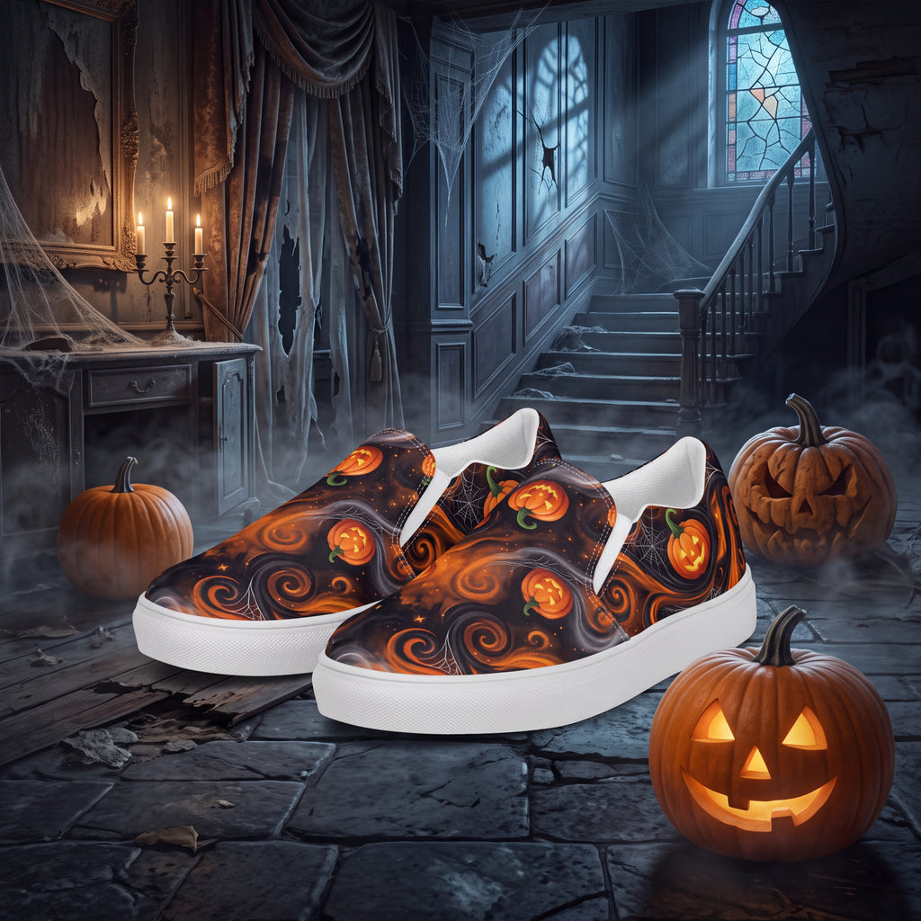 Men’s Halloween Pumpkin Slip-On Shoes | Black and Orange Jack-O’-Lantern Canvas Sneakers