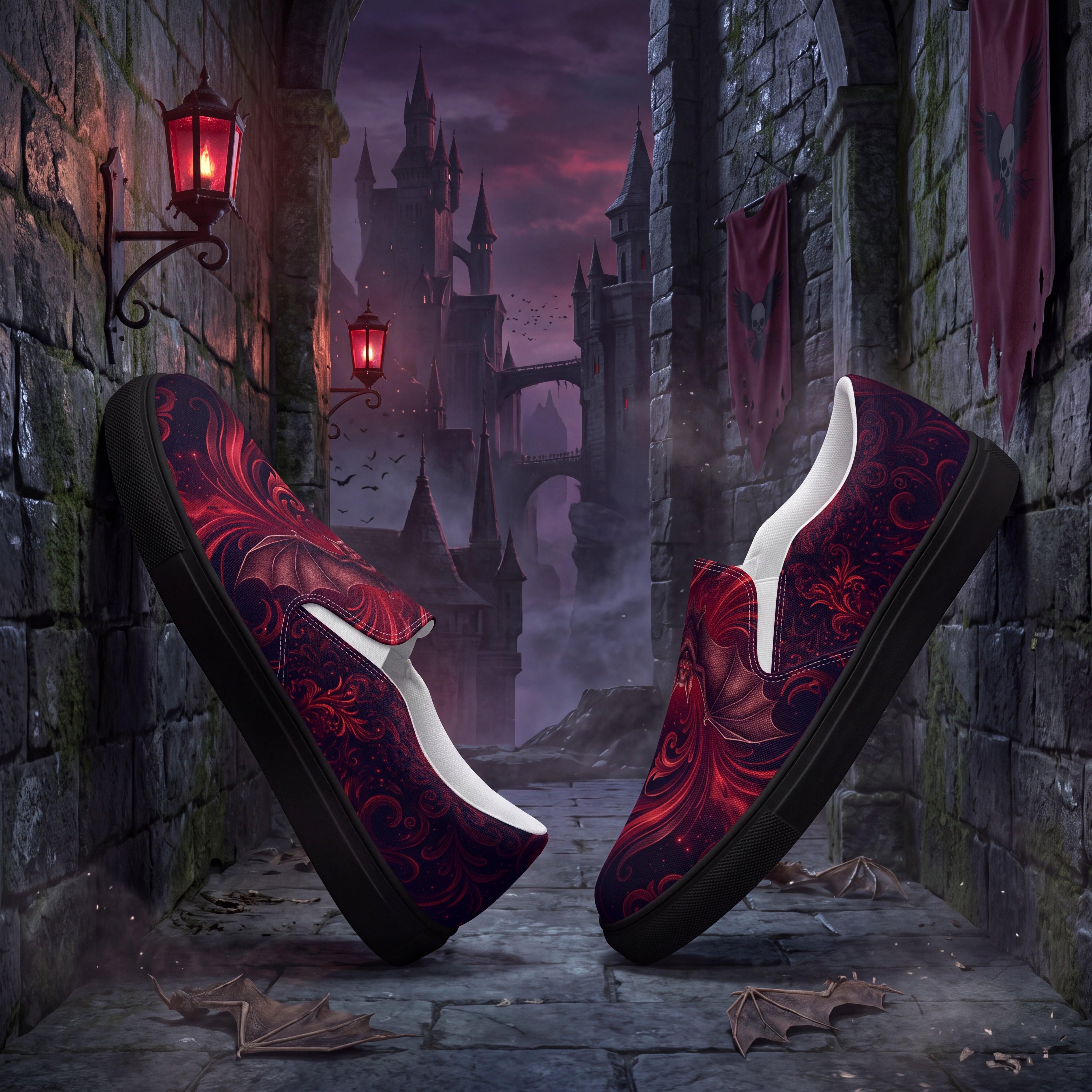 Vampire Bat Slip-On Shoes | Gothic Black and Crimson Canvas Sneakers