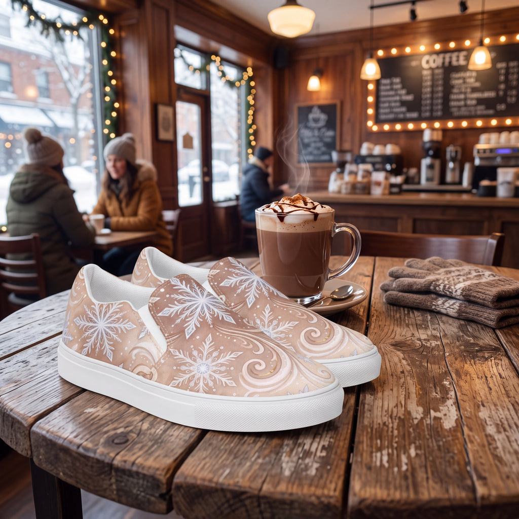 Women’s Frosted Mocha Snowflake Slip-On Shoes | Winter Canvas Sneakers