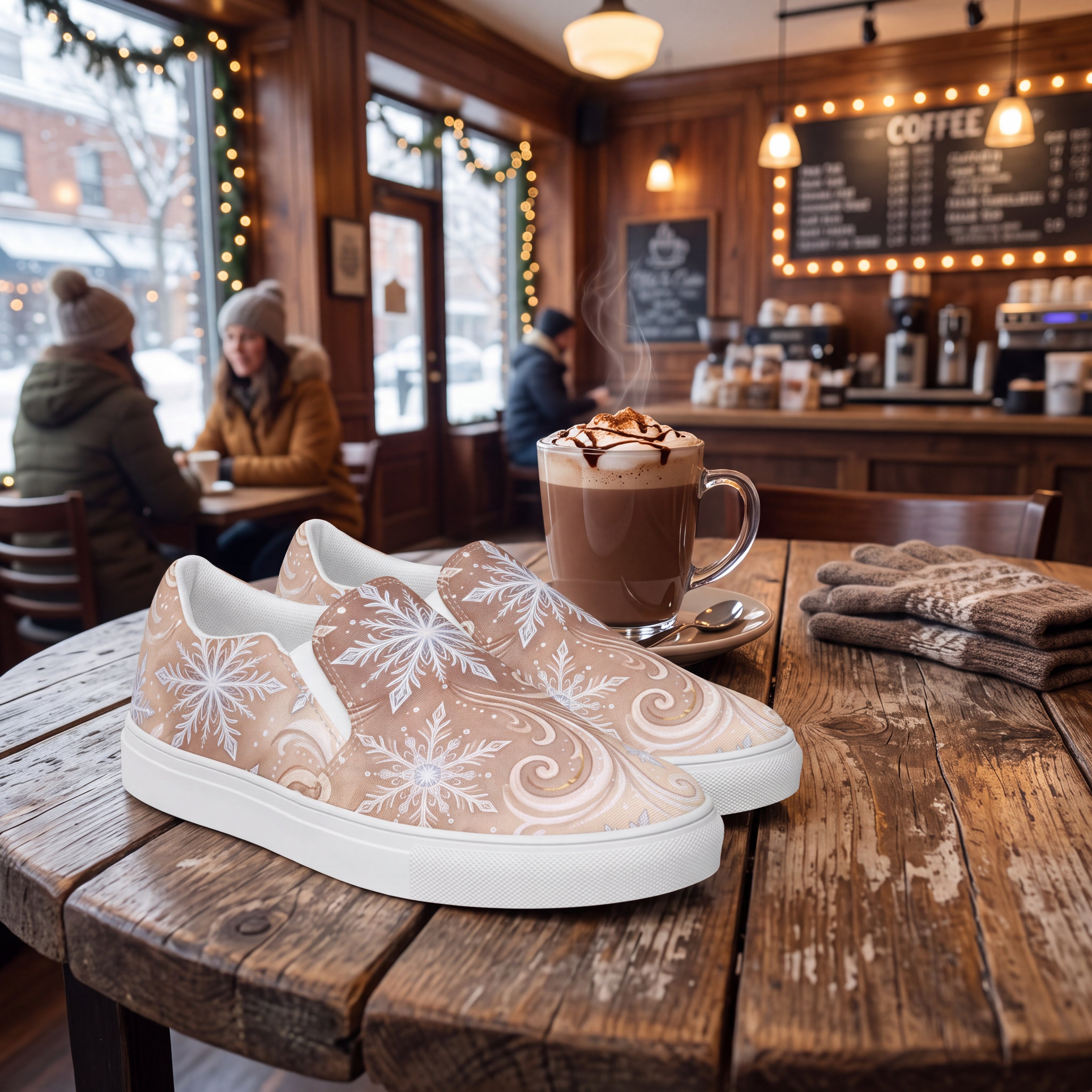 Women’s Frosted Mocha Snowflake Slip-On Shoes | Winter Canvas Sneakers