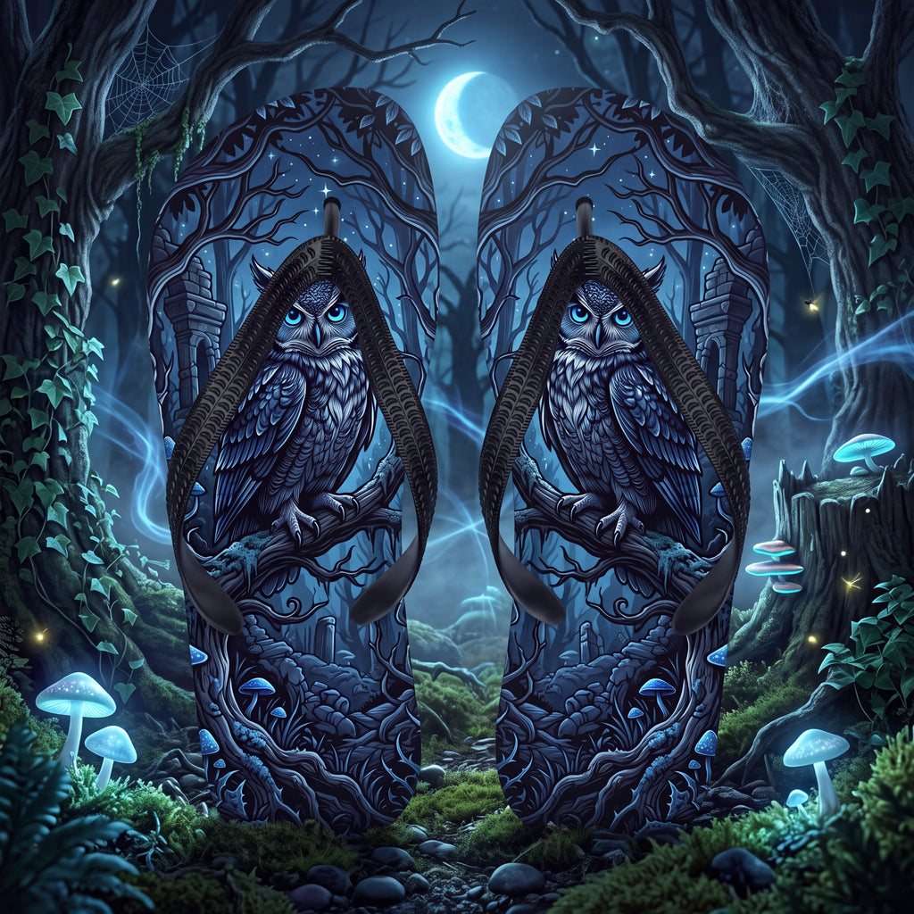 Owl Flip Flops, Moonlit Forest Gothic Fantasy Sandals