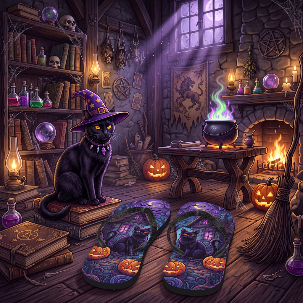 Black Cat Halloween Flip Flops | Purple Haunted Cottage Pumpkin Sandals