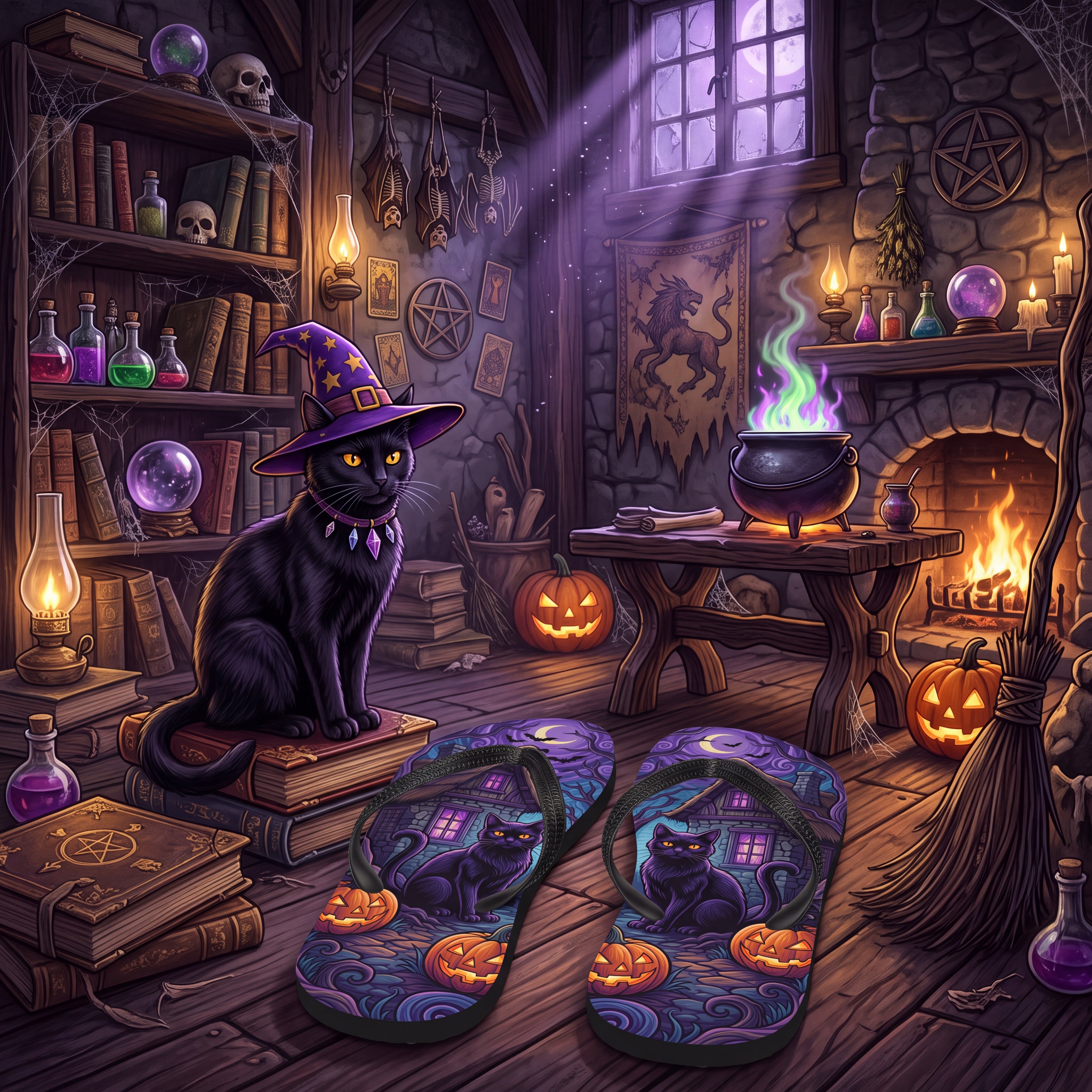Black Cat Halloween Flip Flops | Purple Haunted Cottage Pumpkin Sandals