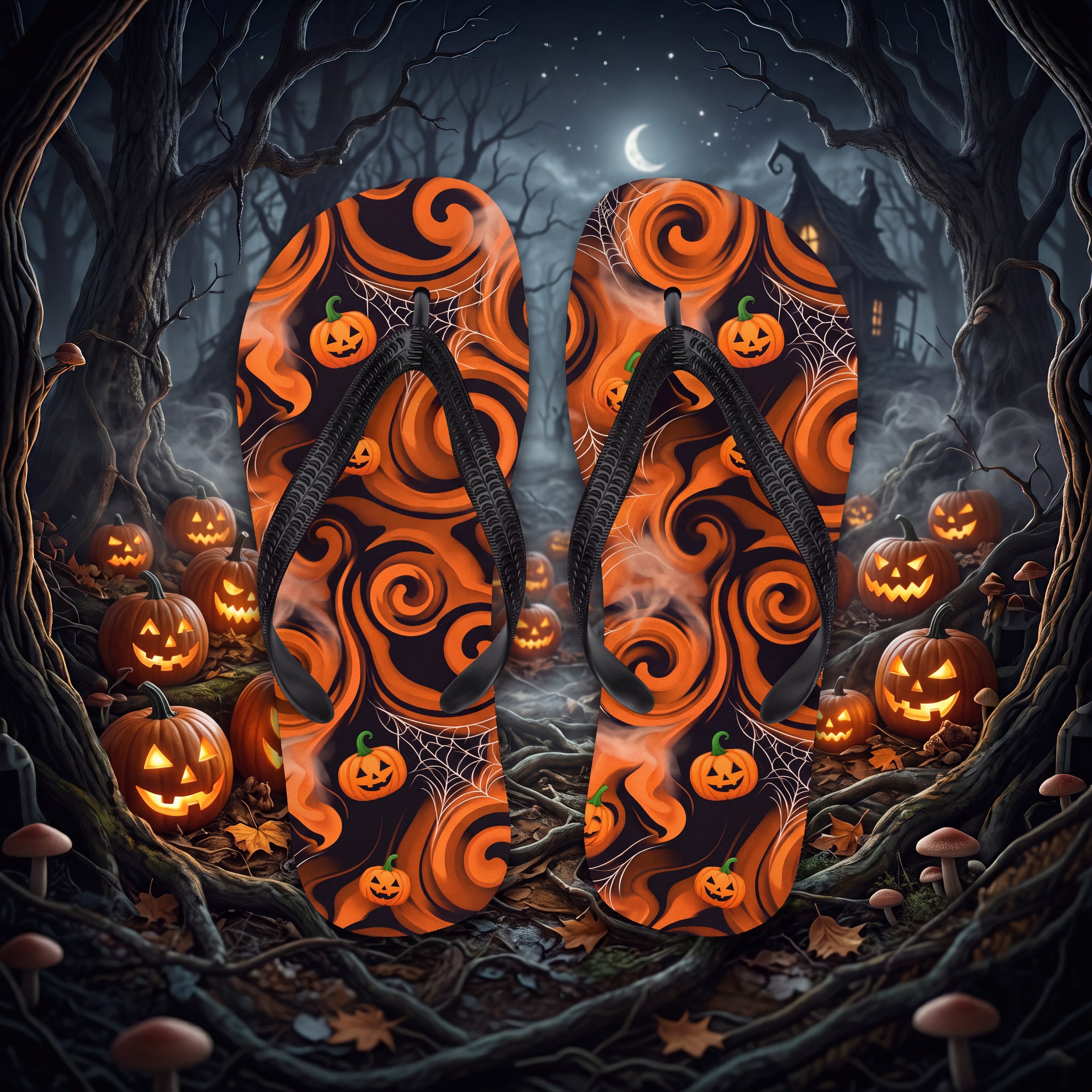 Halloween Pumpkin Flip Flops | Black and Orange Jack-O’-Lantern Sandals