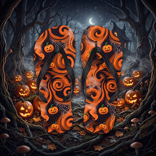 SUBLIMATION Halloween Pumpkin Flip Flops | Black and Orange Jack-O’-Lantern Sandals