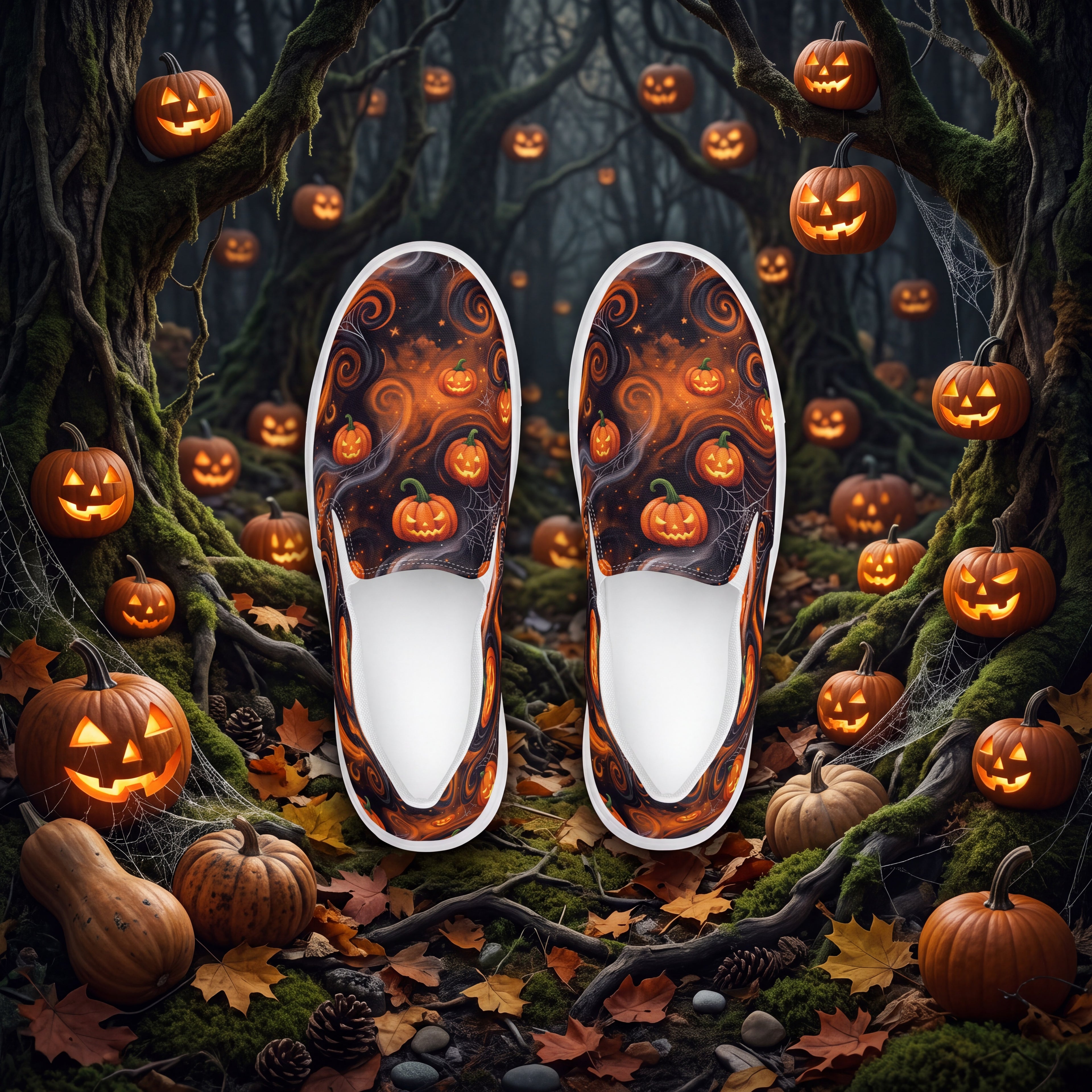 Women's Halloween Pumpkin Slip-On Shoes | Black and Orange Jack-O’-Lantern Canvas Sneakers