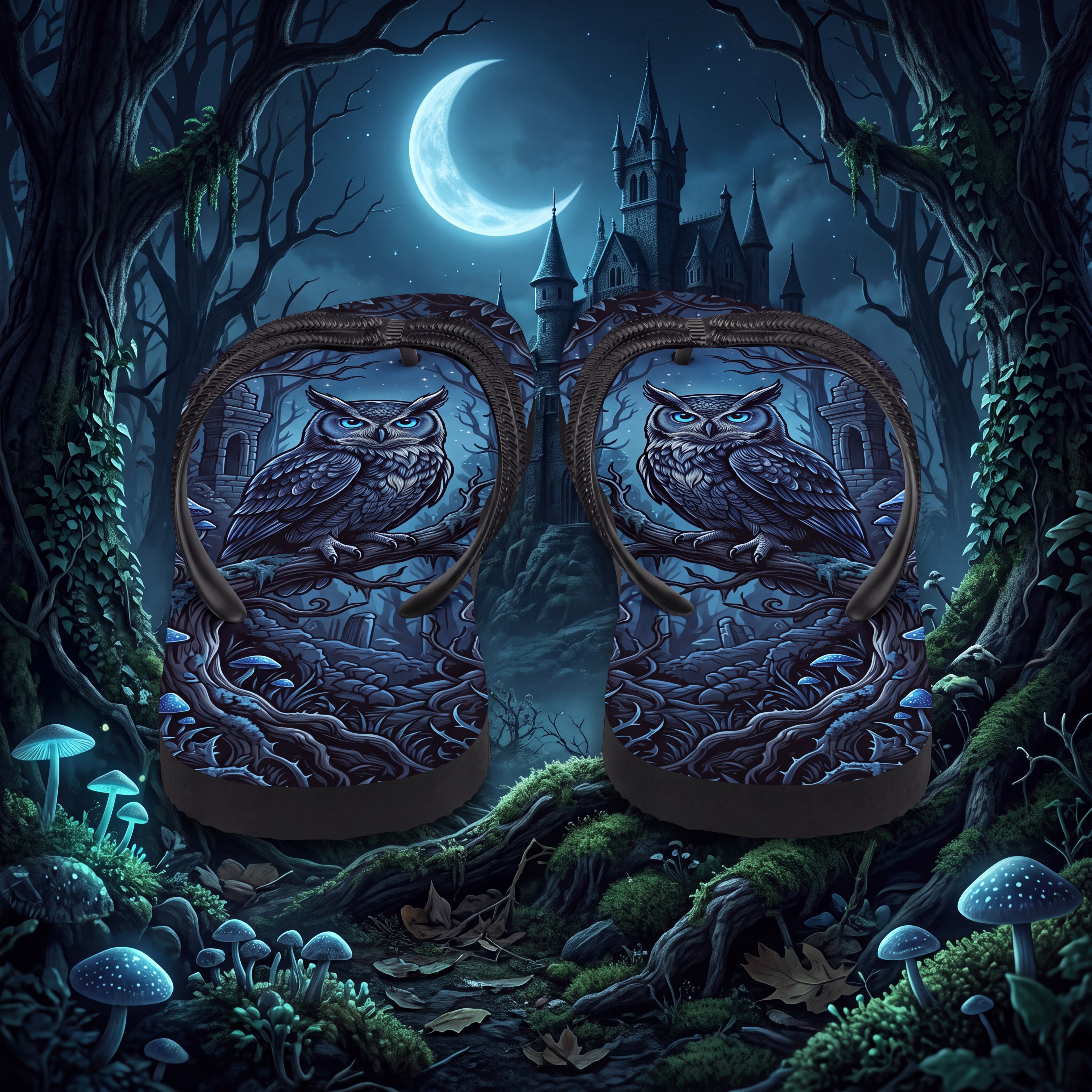 Owl Flip Flops, Moonlit Forest Gothic Fantasy Sandals