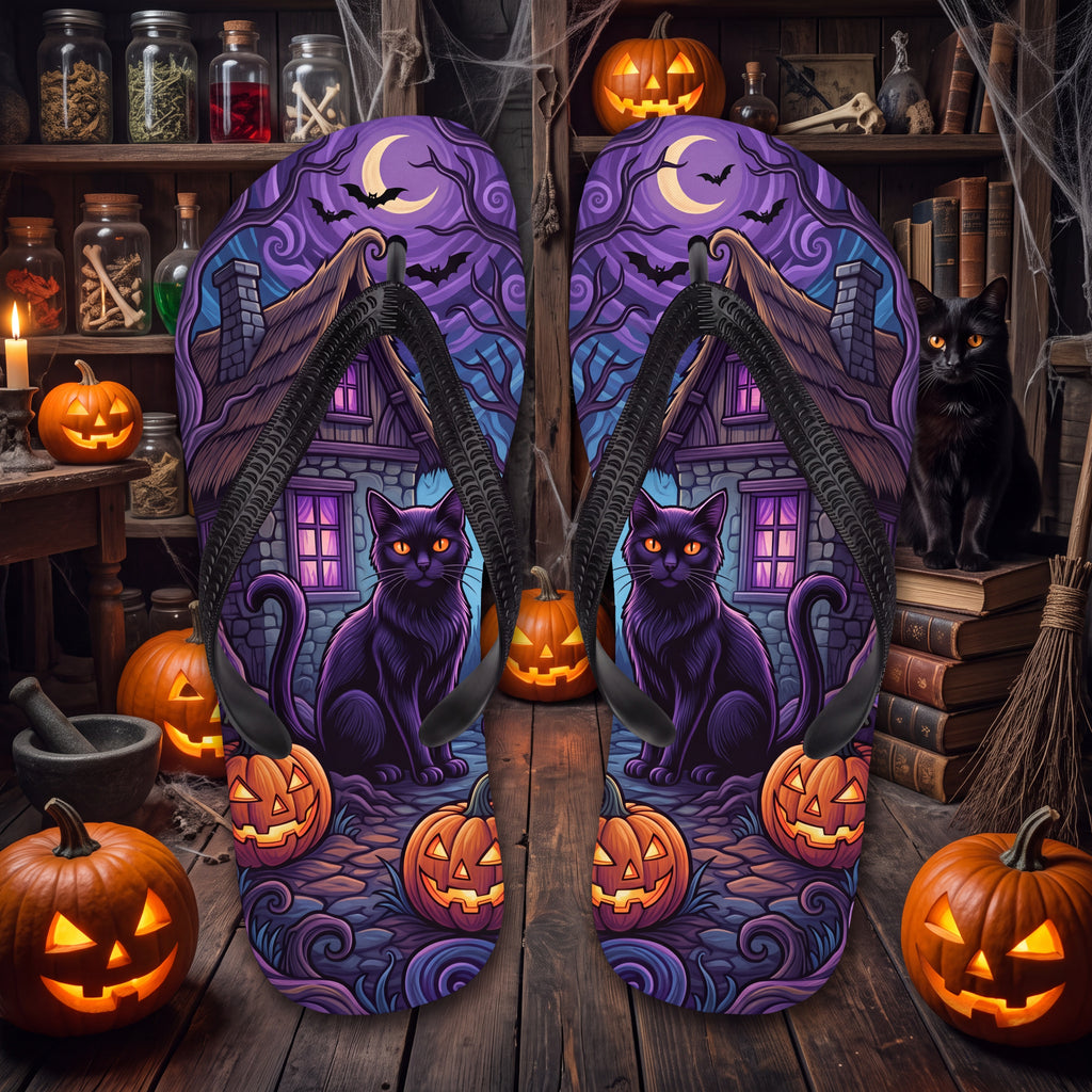 Black Cat Halloween Flip Flops | Purple Haunted Cottage Pumpkin Sandals