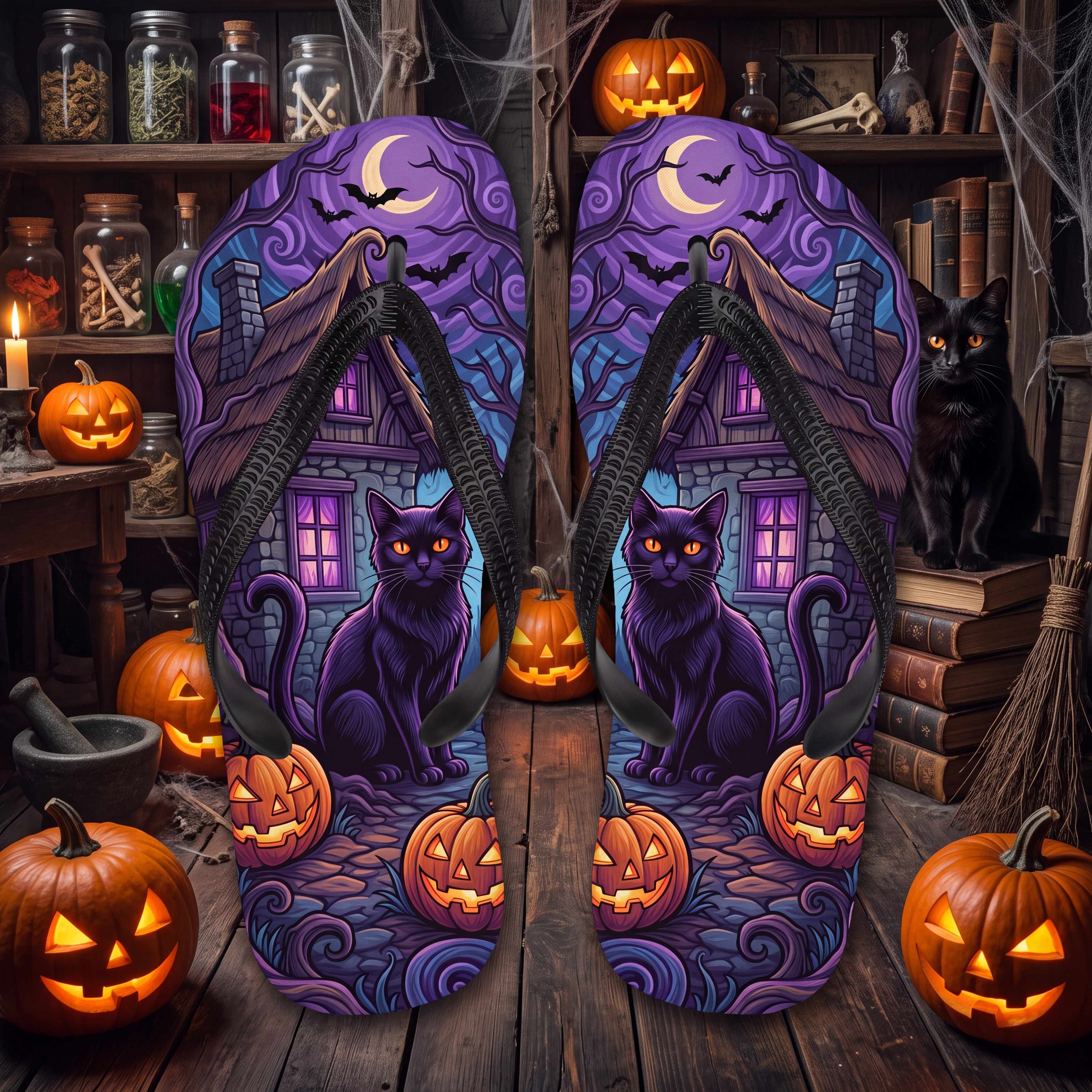 Black Cat Halloween Flip Flops | Purple Haunted Cottage Pumpkin Sandals