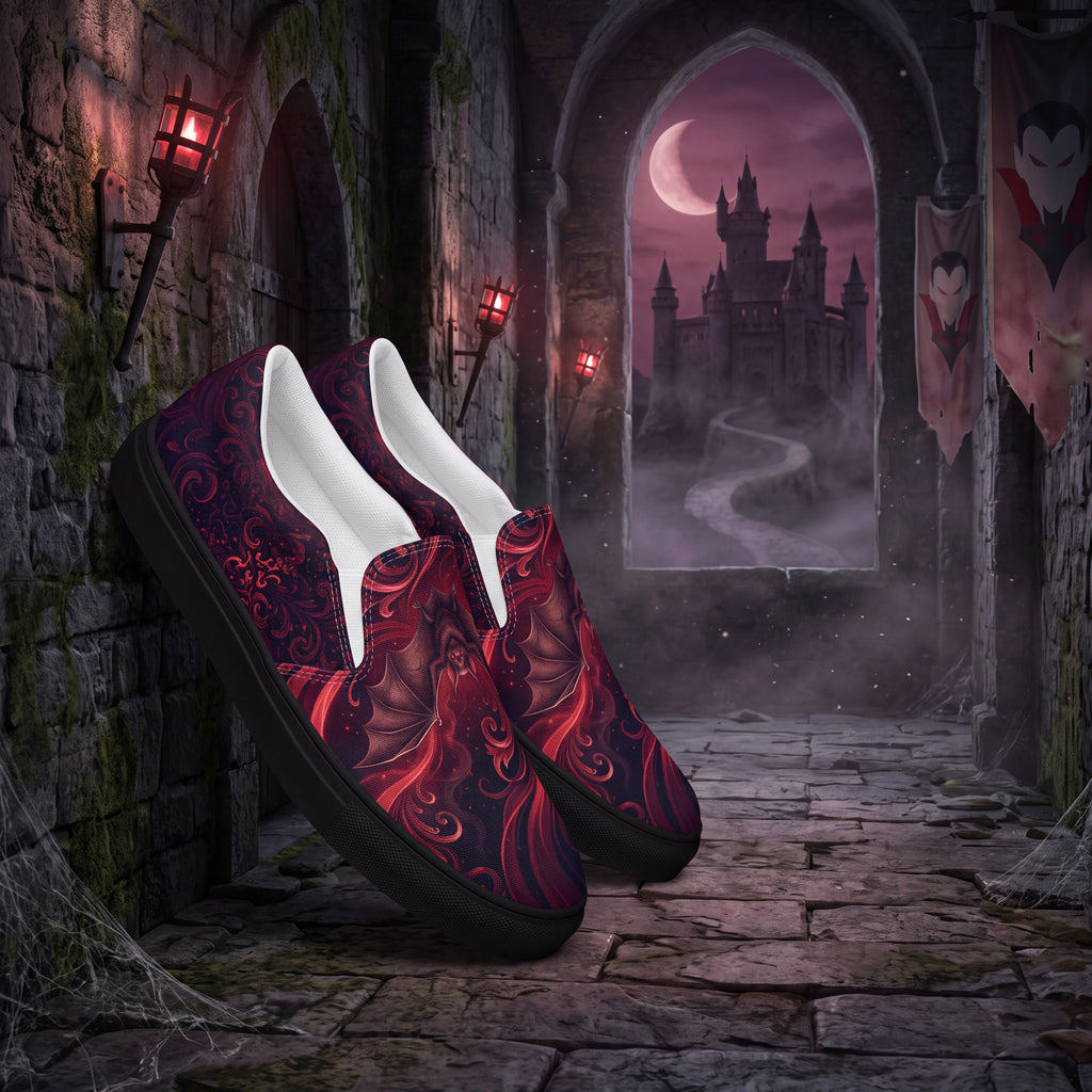 Vampire Bat Slip-On Shoes | Gothic Black and Crimson Canvas Sneakers