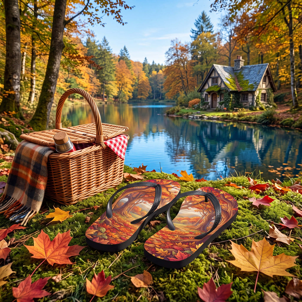 SUBLIMATION Autumn Forest Flip Flops, Fall Foliage Woodland Sandals