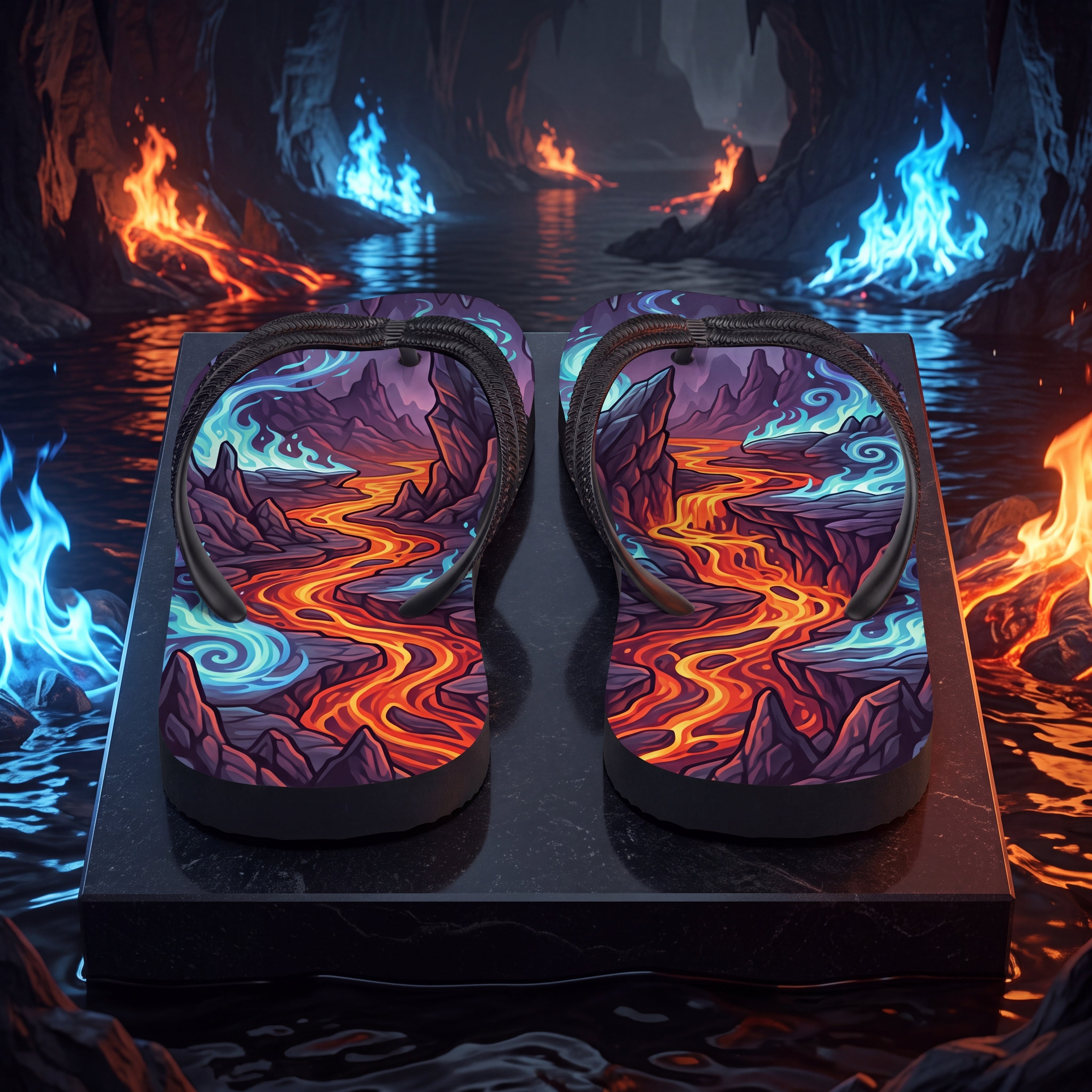 Hades Greek Mythology Flip Flops | Underworld Blue Flame Lava Sandals