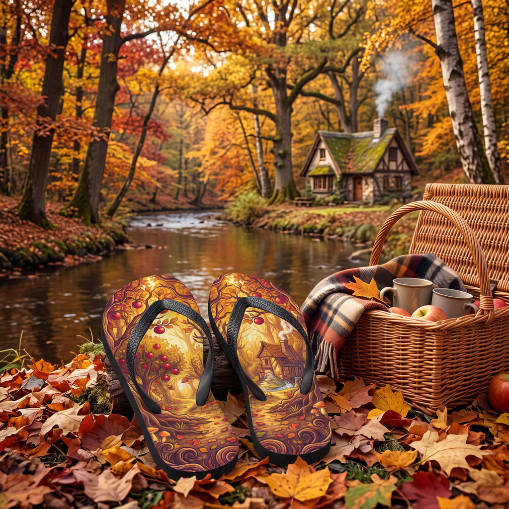 SUBLIMATION Fall Apple Orchard Flip Flops | Cozy Autumn Cider Mill Cottagecore Sandals