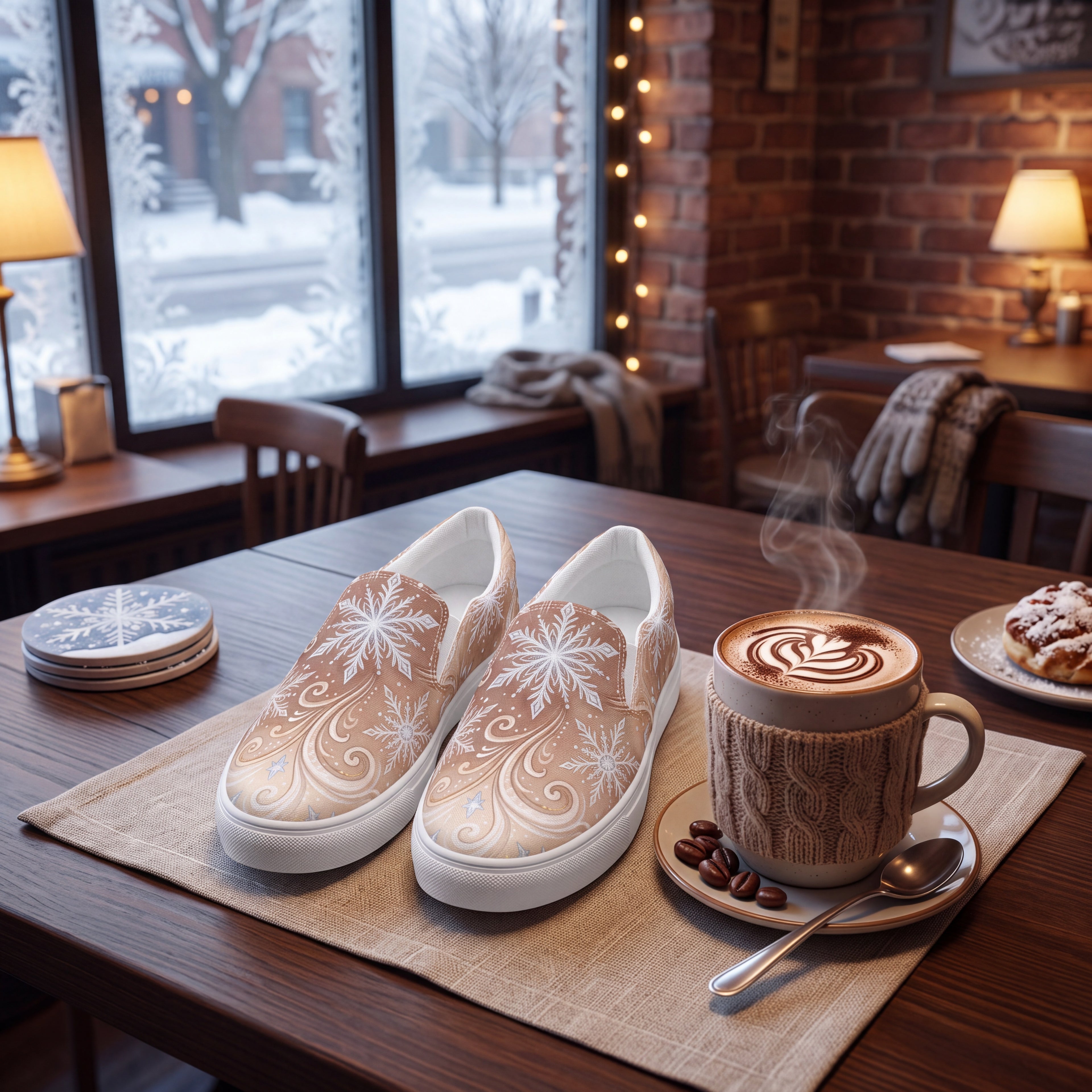 Women’s Frosted Mocha Snowflake Slip-On Shoes | Winter Canvas Sneakers