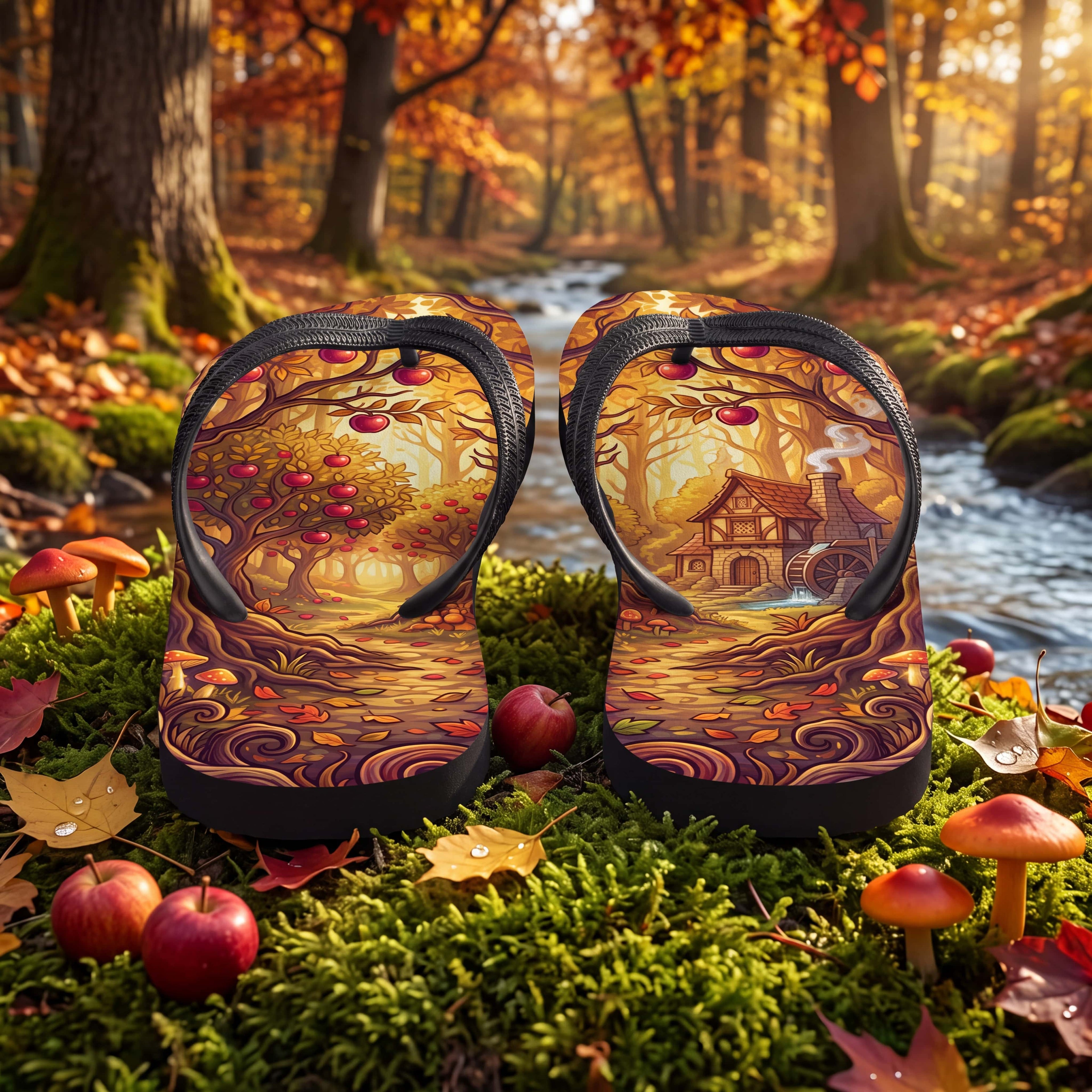 SUBLIMATION Fall Apple Orchard Flip Flops | Cozy Autumn Cider Mill Cottagecore Sandals