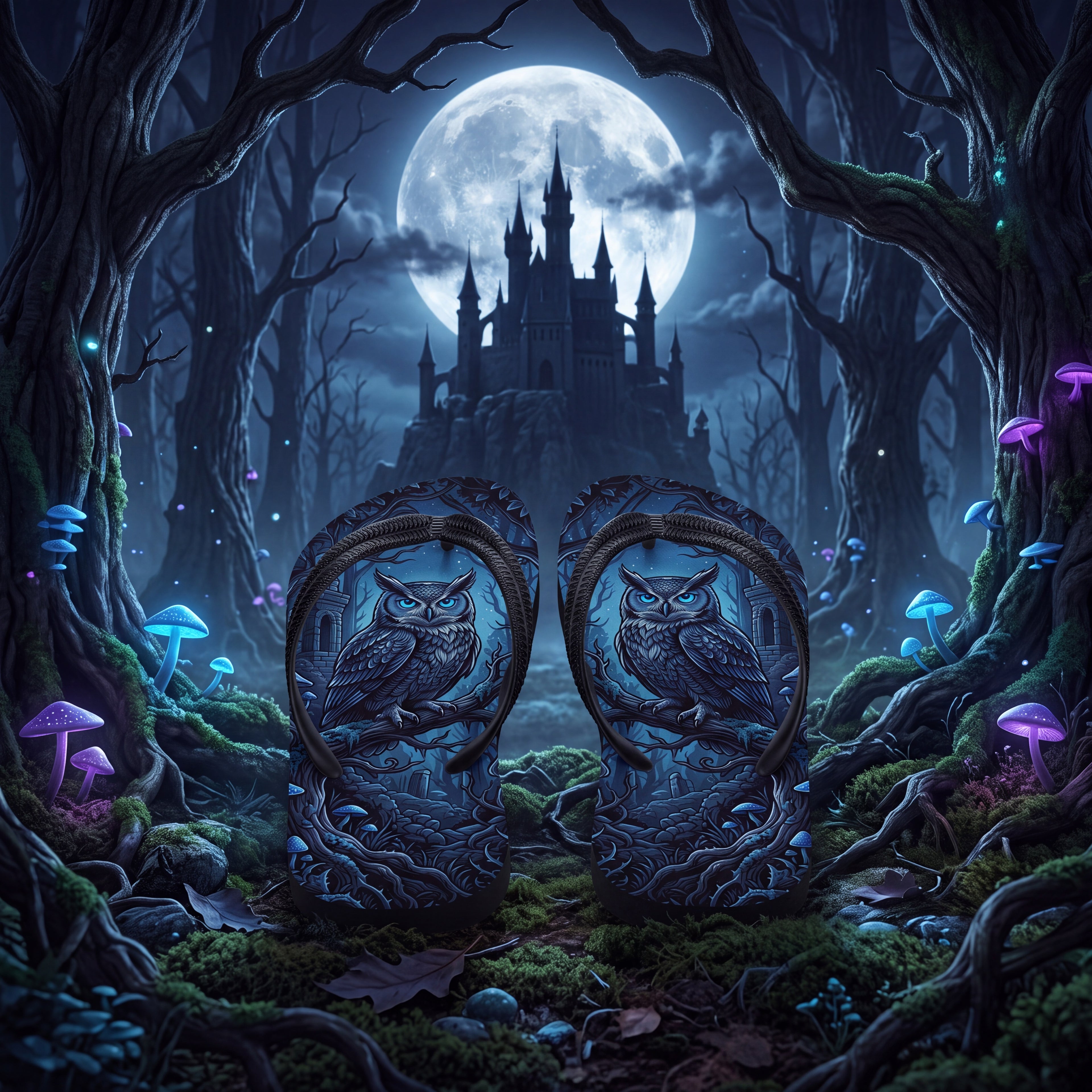 Owl Flip Flops, Moonlit Forest Gothic Fantasy Sandals