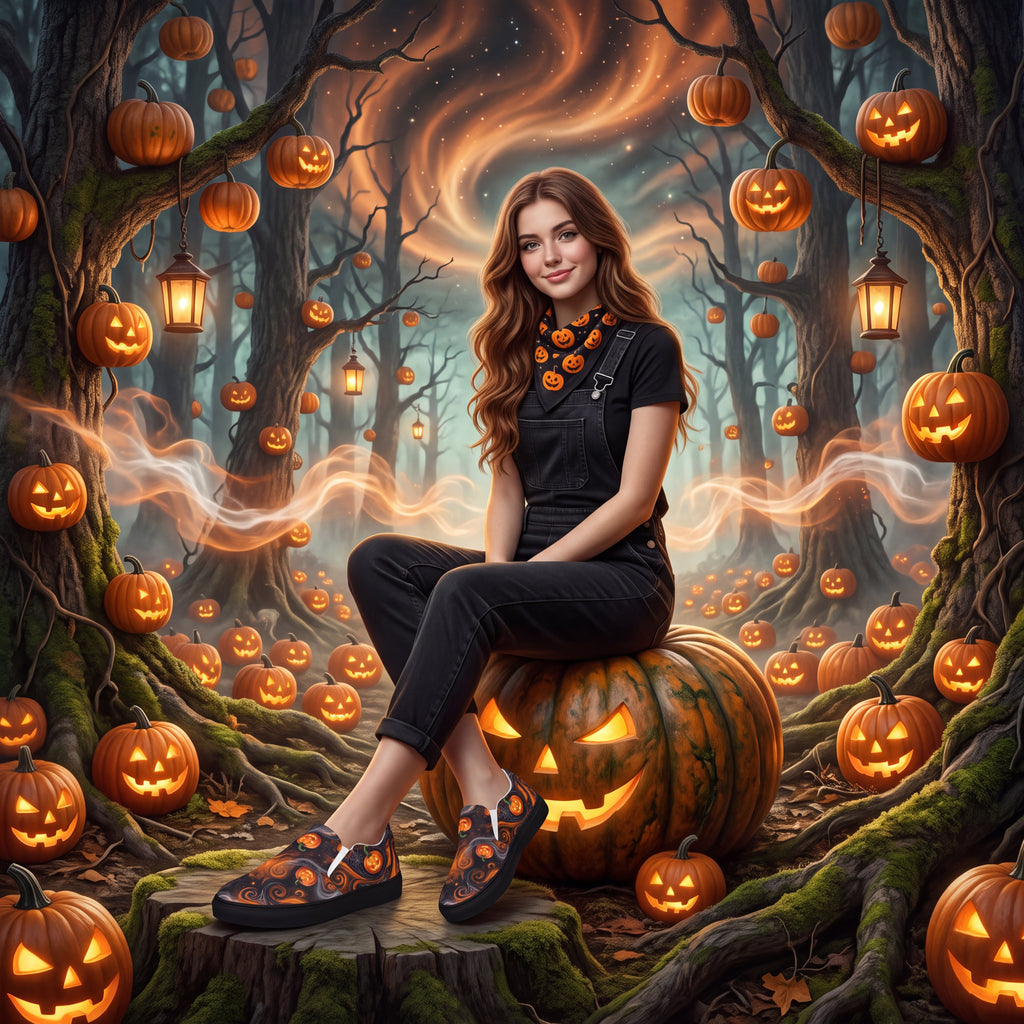 Women's Halloween Pumpkin Slip-On Shoes | Black and Orange Jack-O’-Lantern Canvas Sneakers
