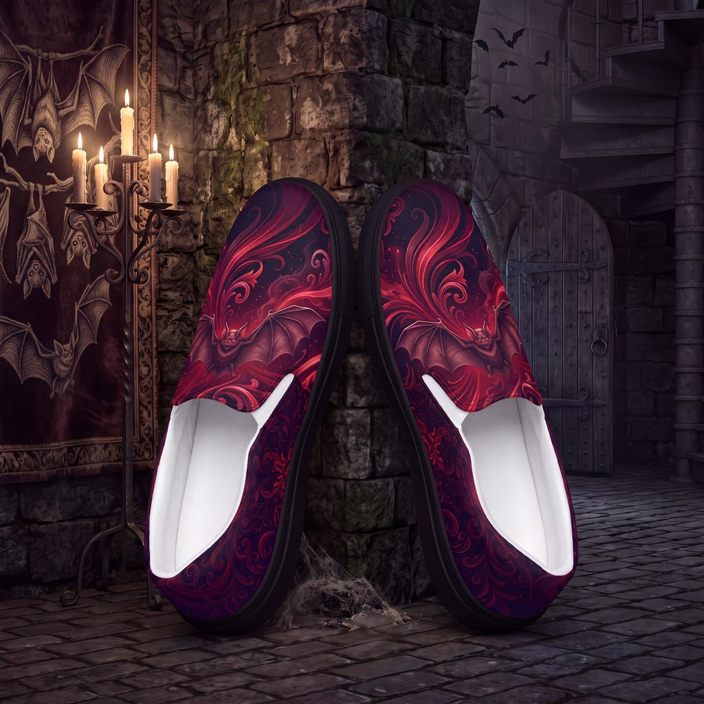 Vampire Bat Slip-On Shoes | Gothic Black and Crimson Canvas Sneakers